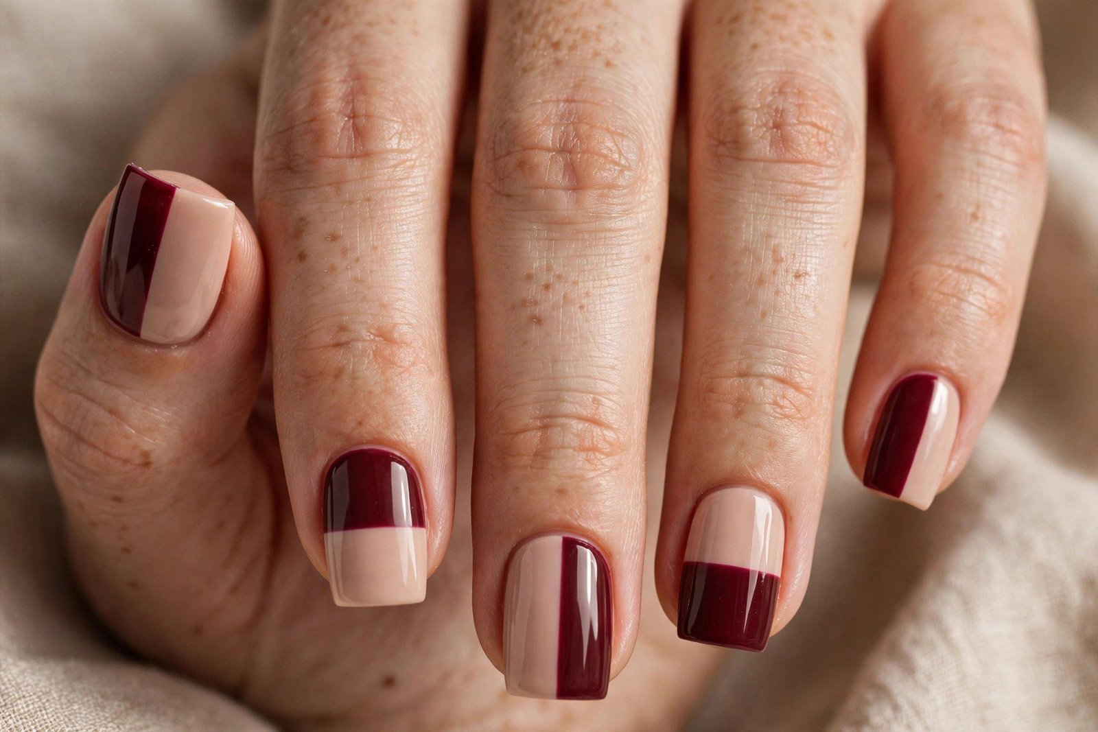 Burgundy and nude color block design on square nails
