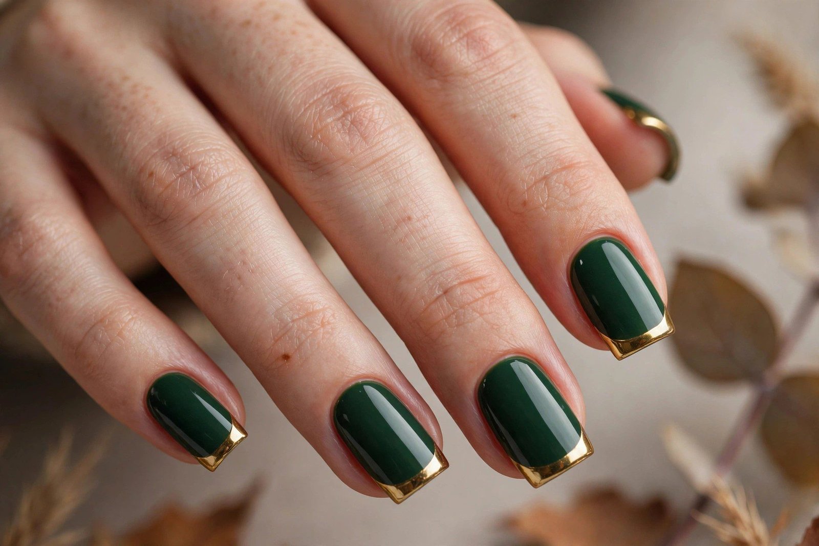 Forest green square nails with gold chrome tips