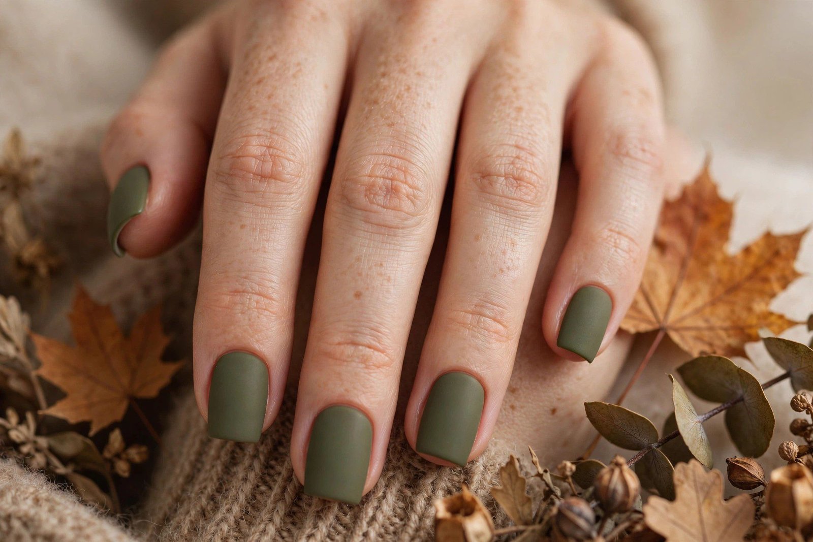 Olive green matte square nails for October