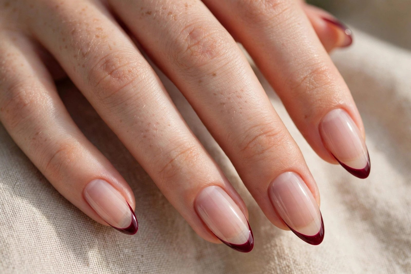 Micro French tip nails in burgundy for teens
