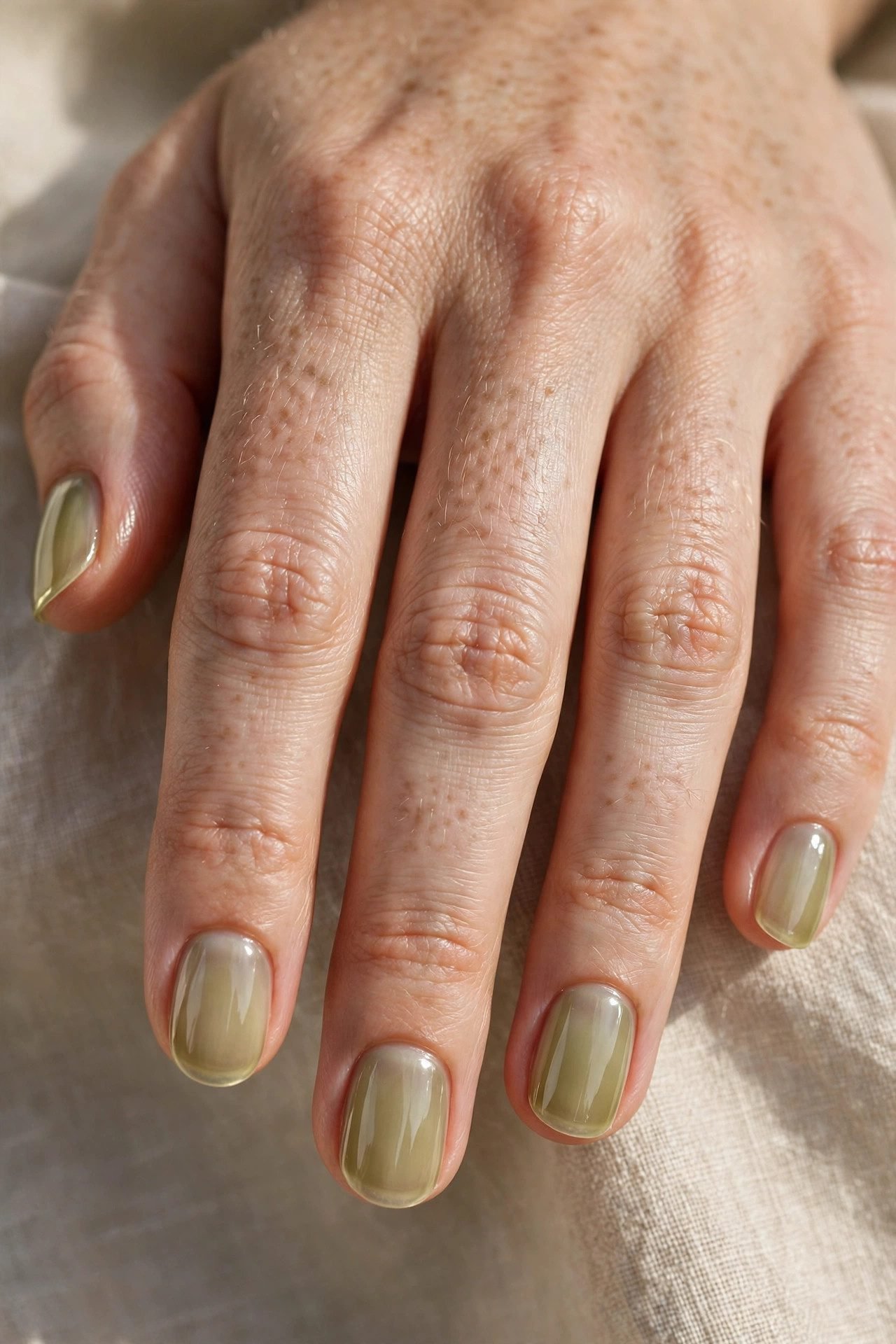 Sheer olive wash nails, earthy but gentle