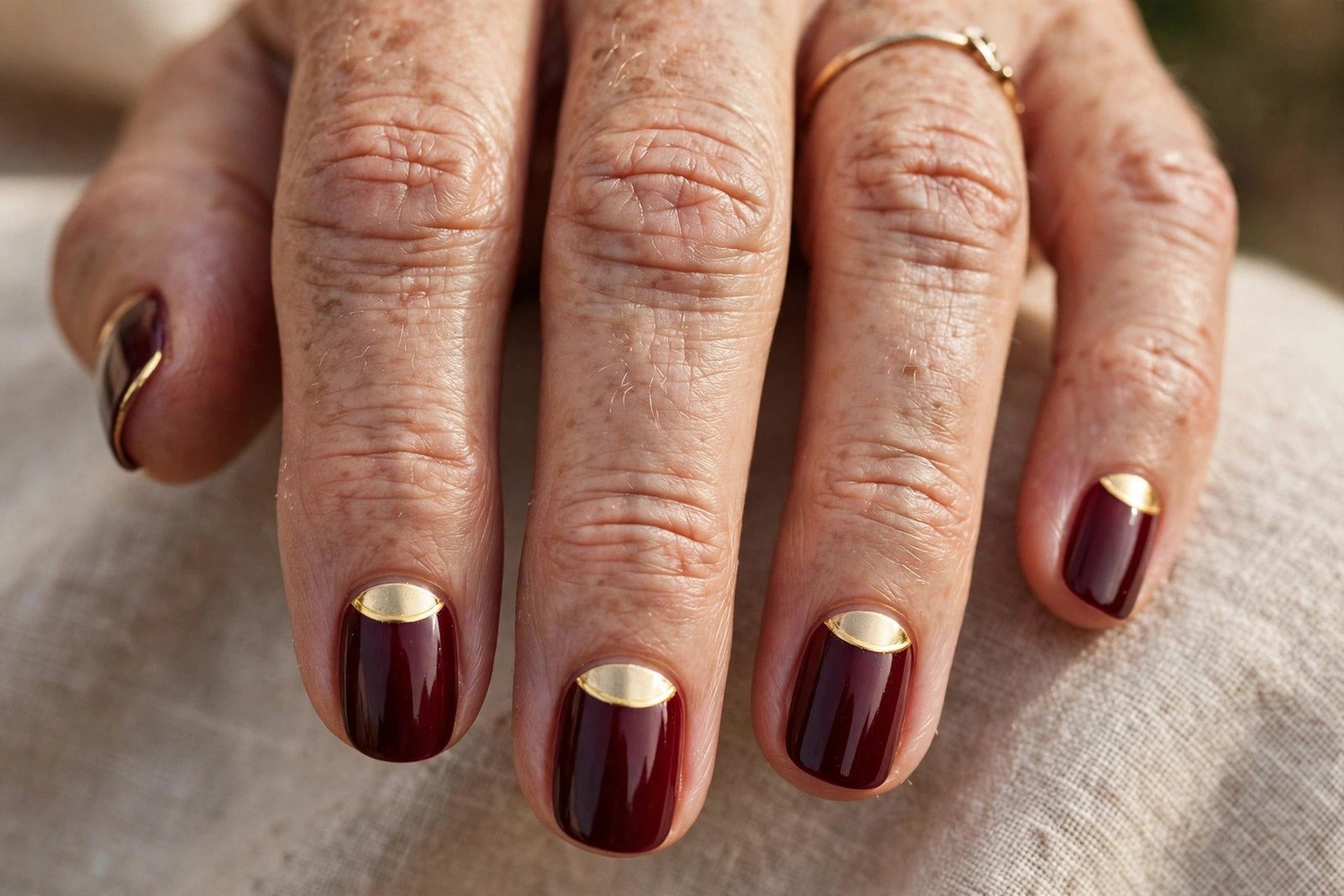 Burgundy and gold half-moon nails for mature women