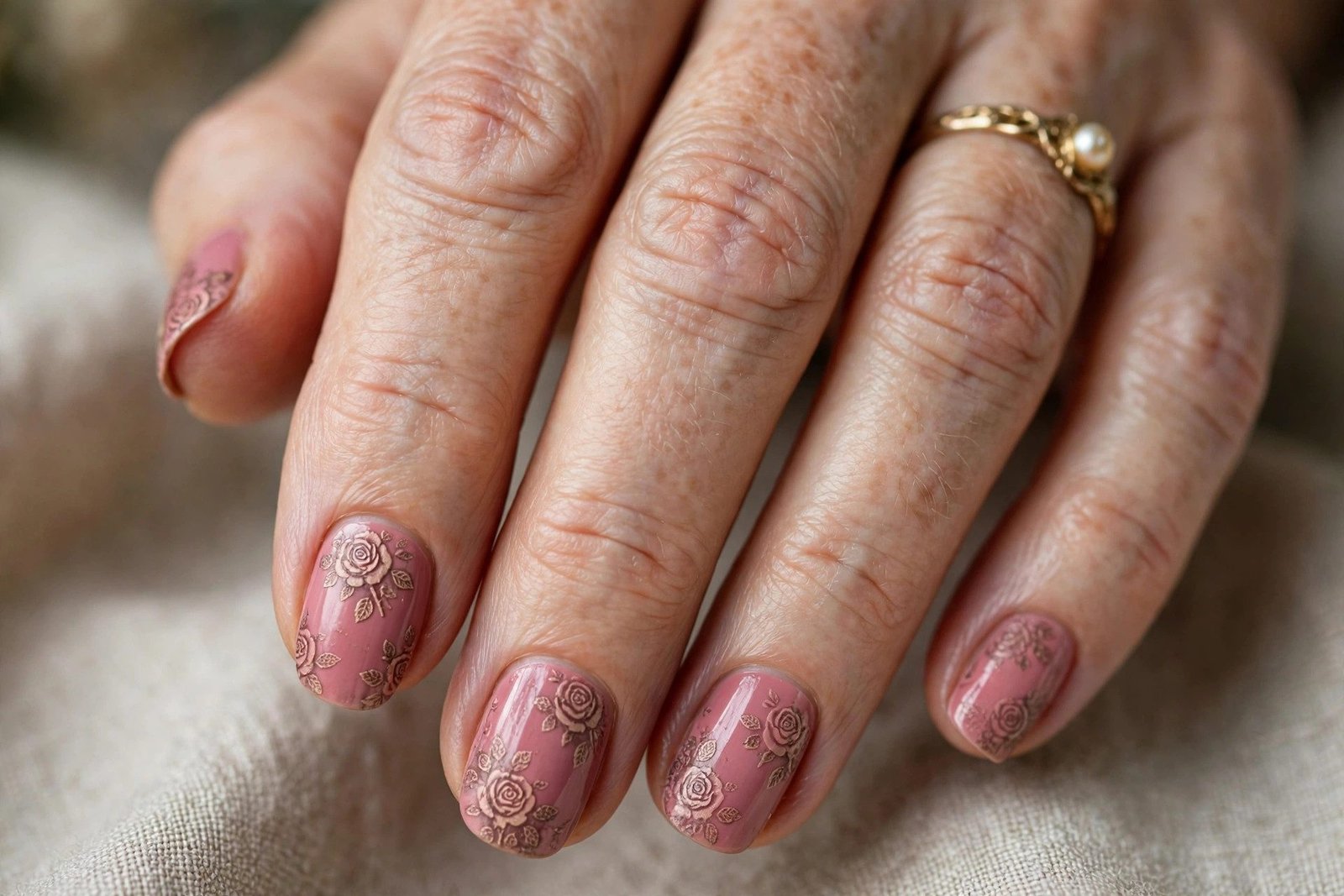 Antique rose nails with subtle stamped floral for mature women
