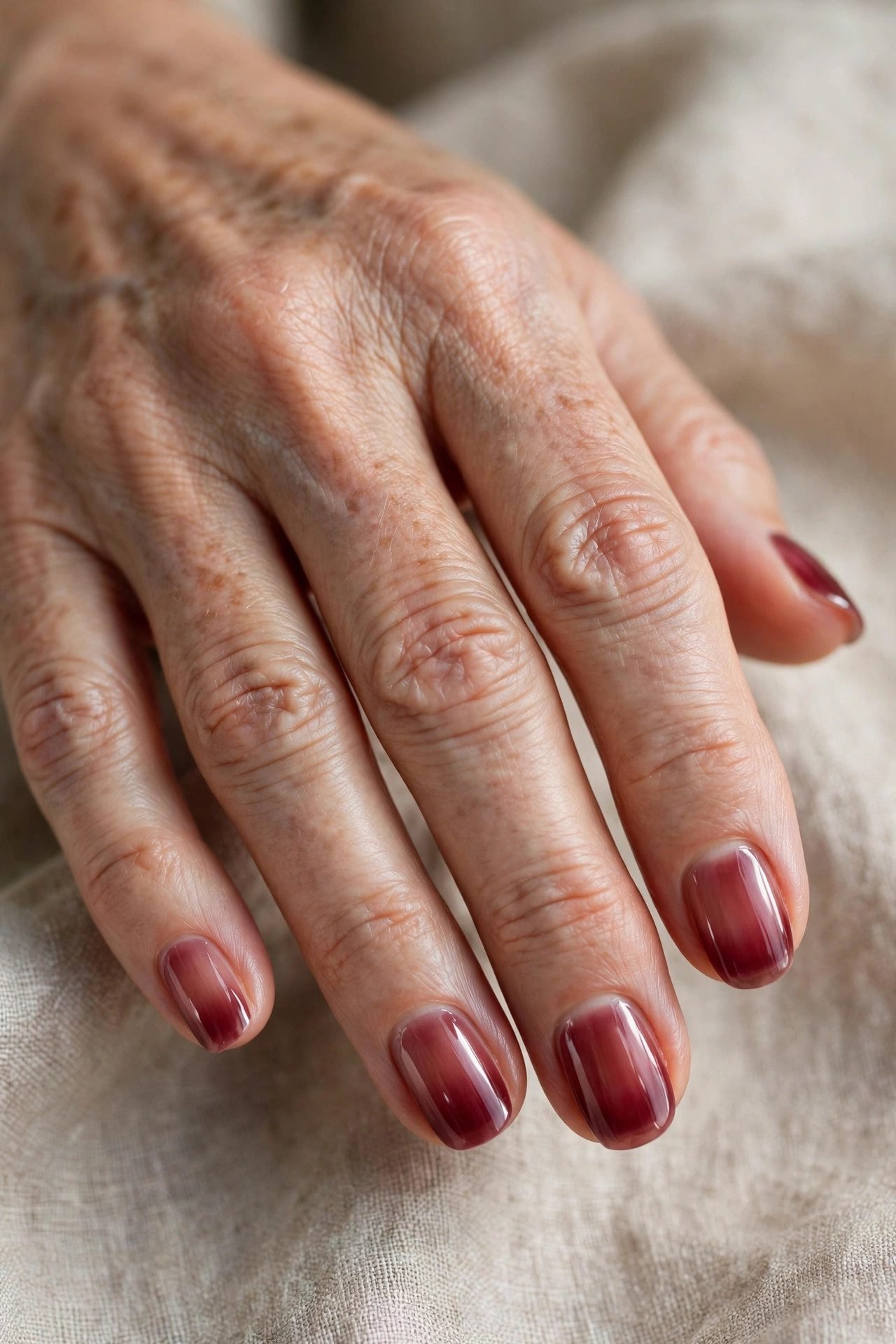 Sheer burgundy wash nails for mature women