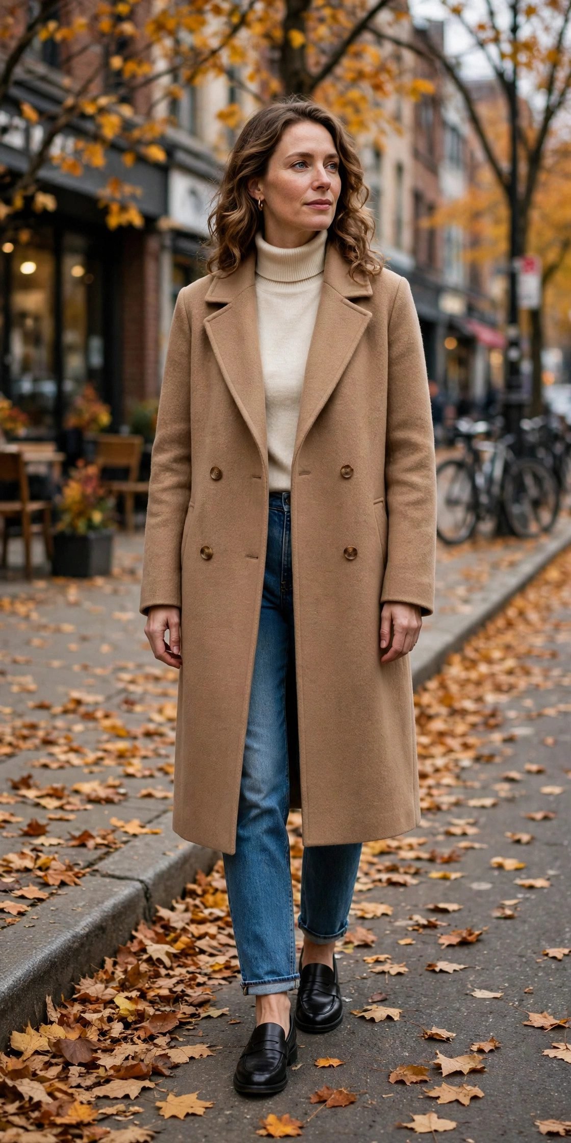 Camel wool coat with jeans and turtleneck