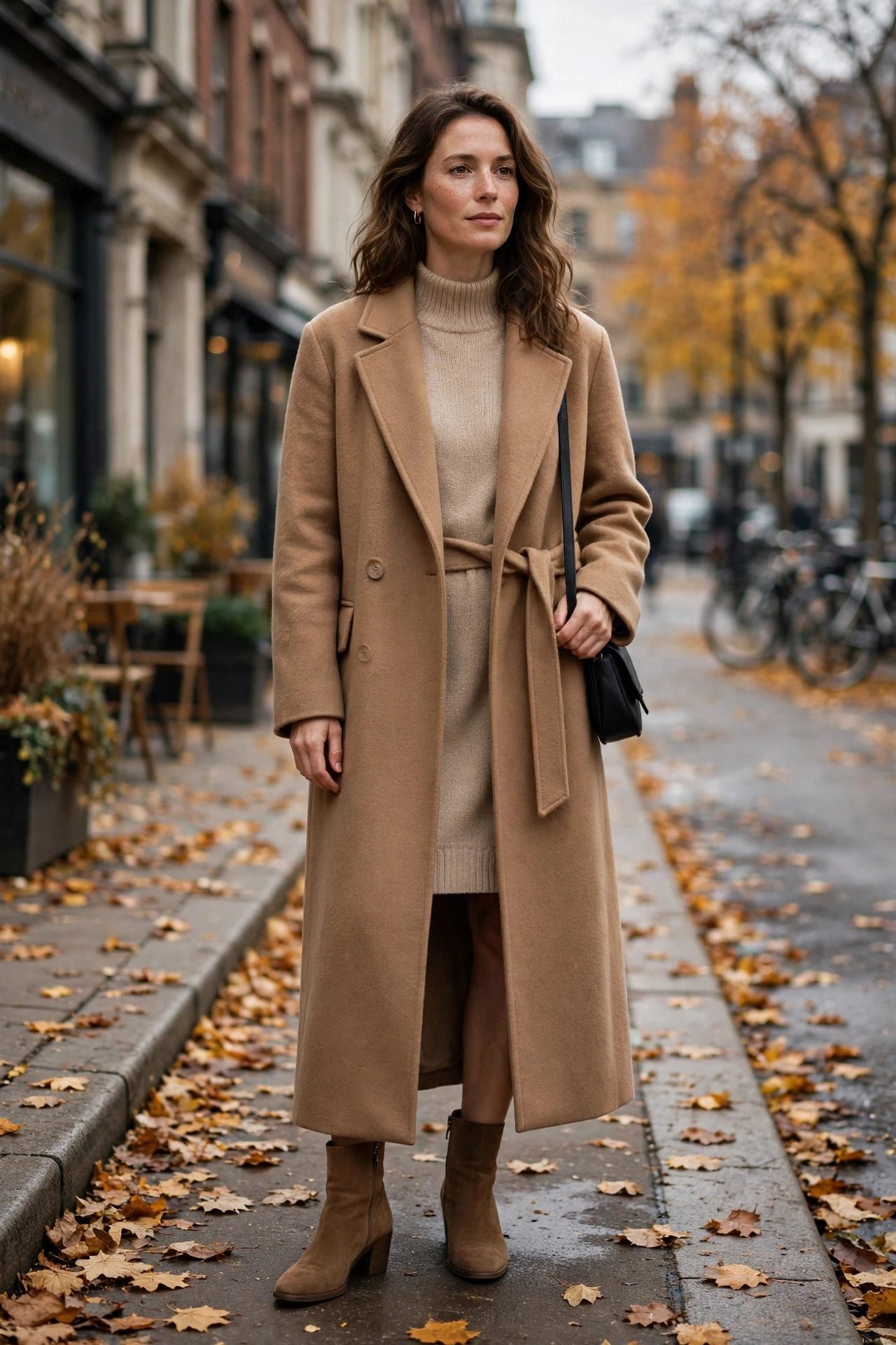 Wool coat with sweater dress outfit