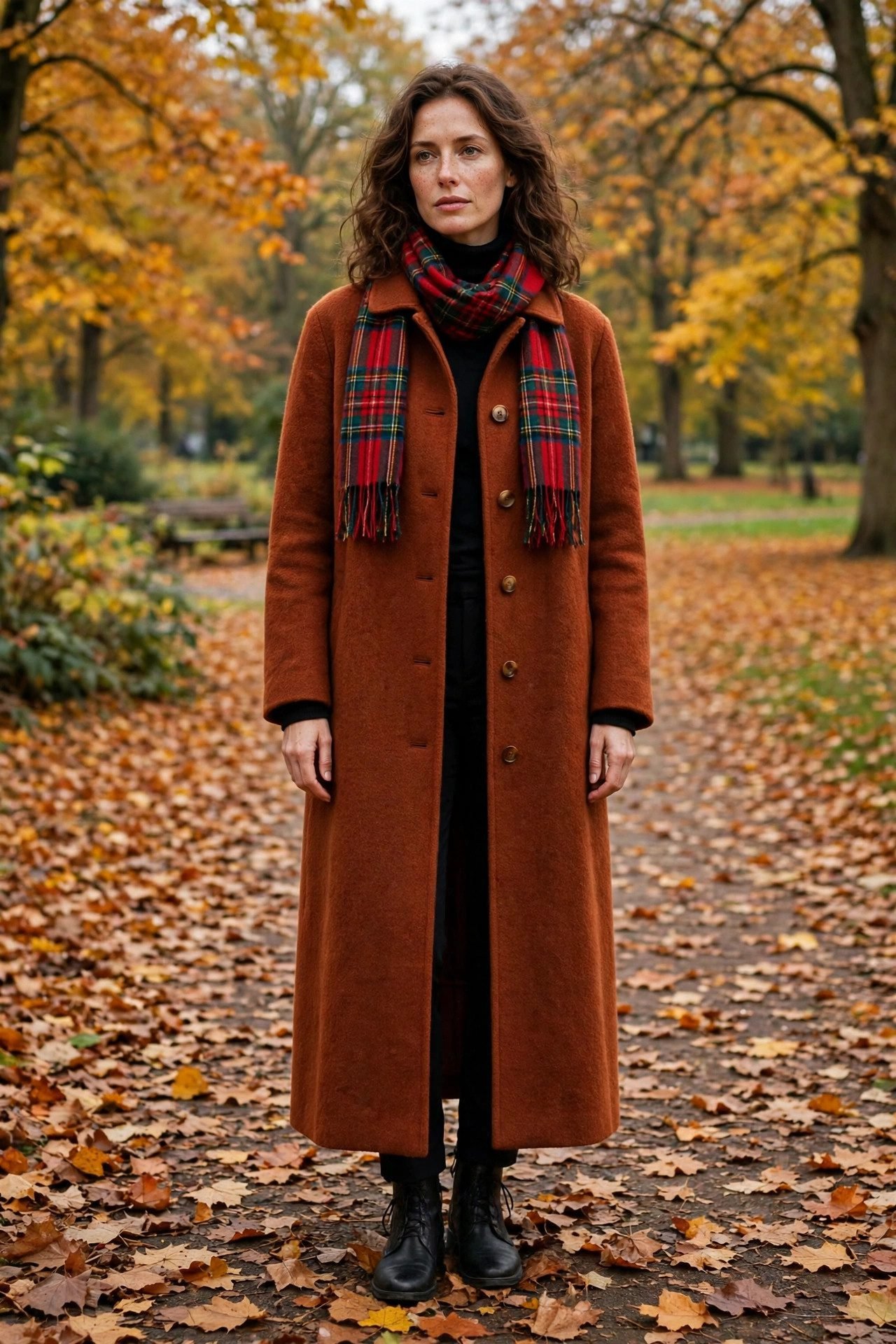 Wool coat with plaid scarf outfit
