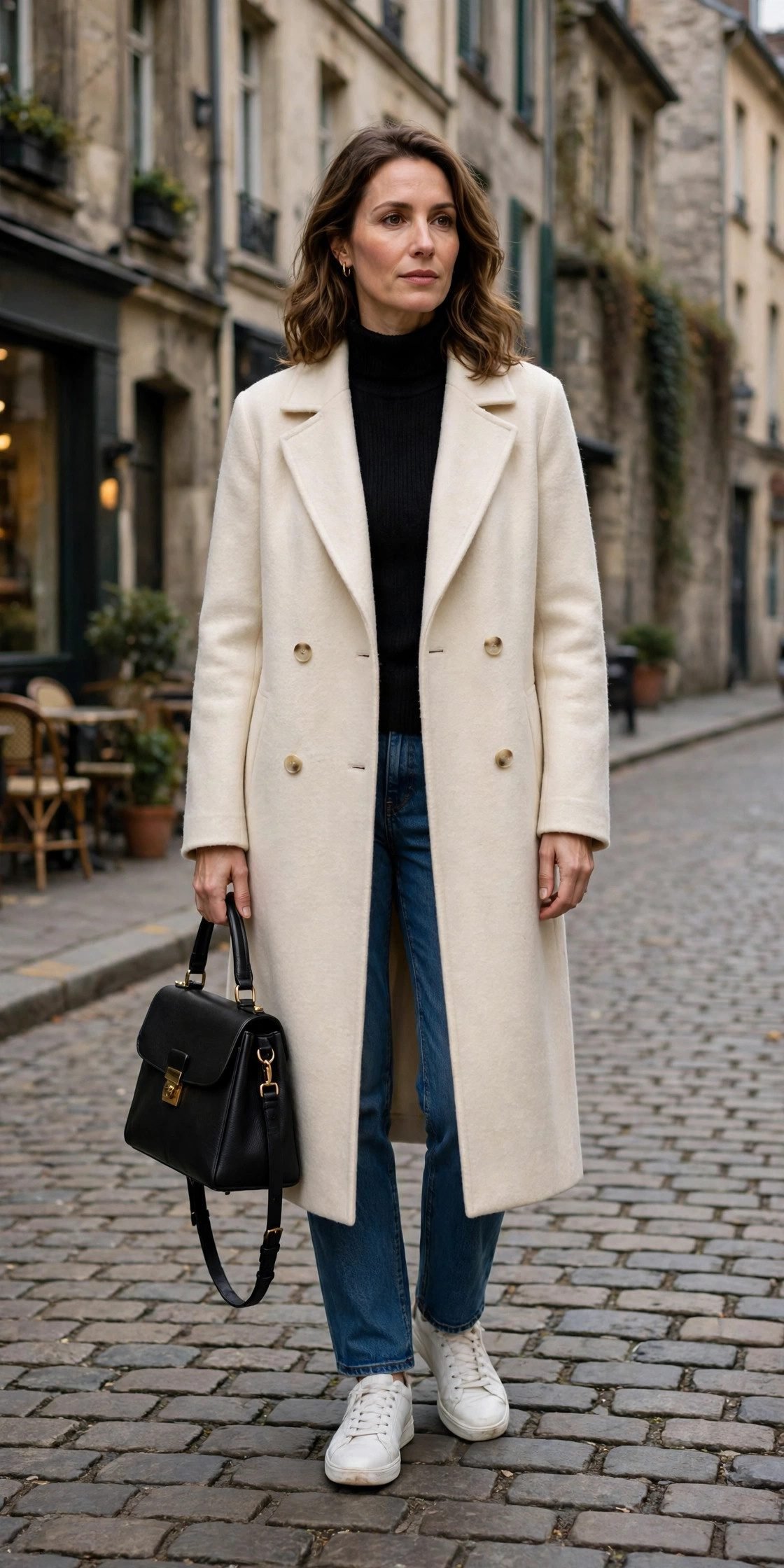 Wool coat with sneakers casual outfit