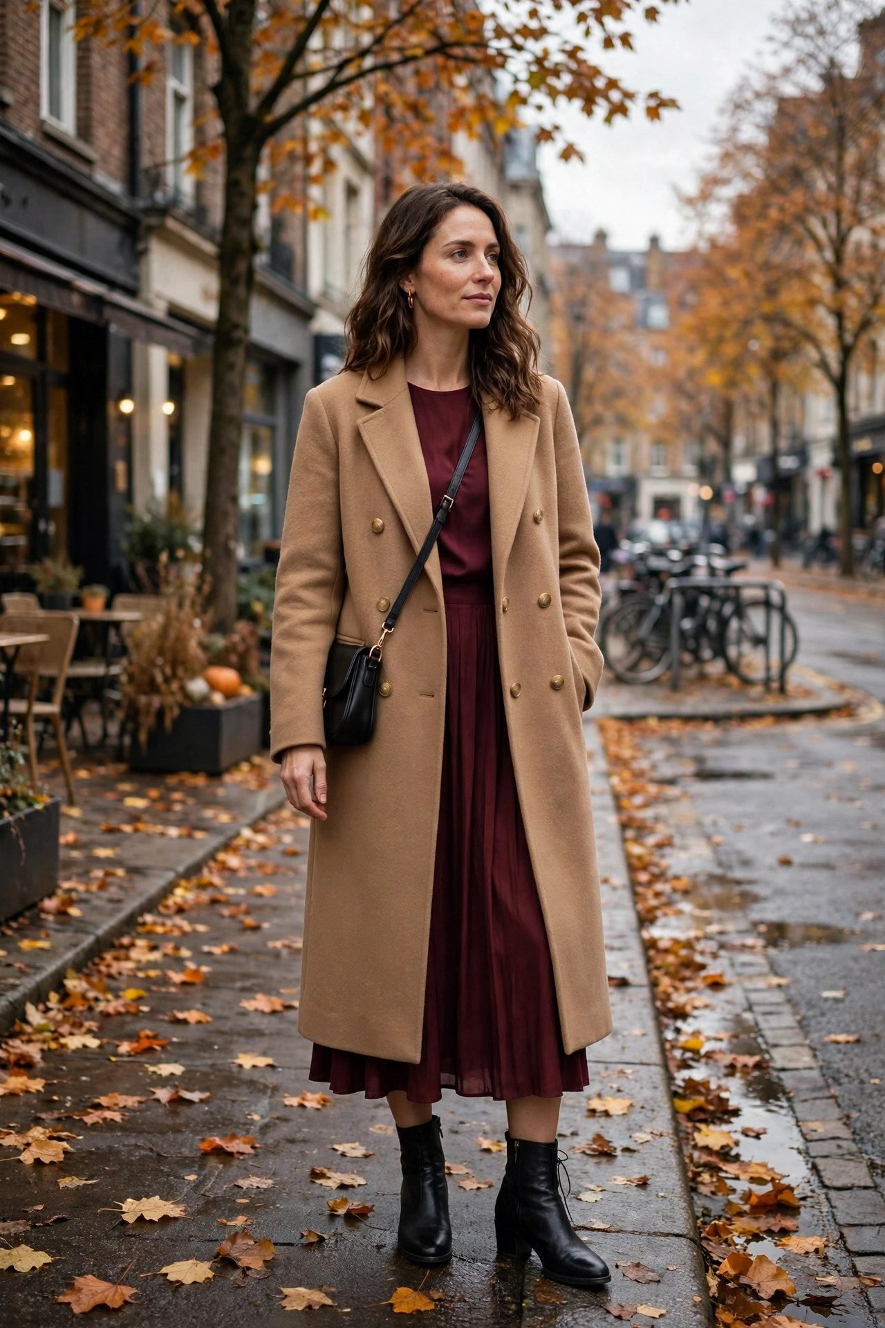 Long wool coat worn over a dress