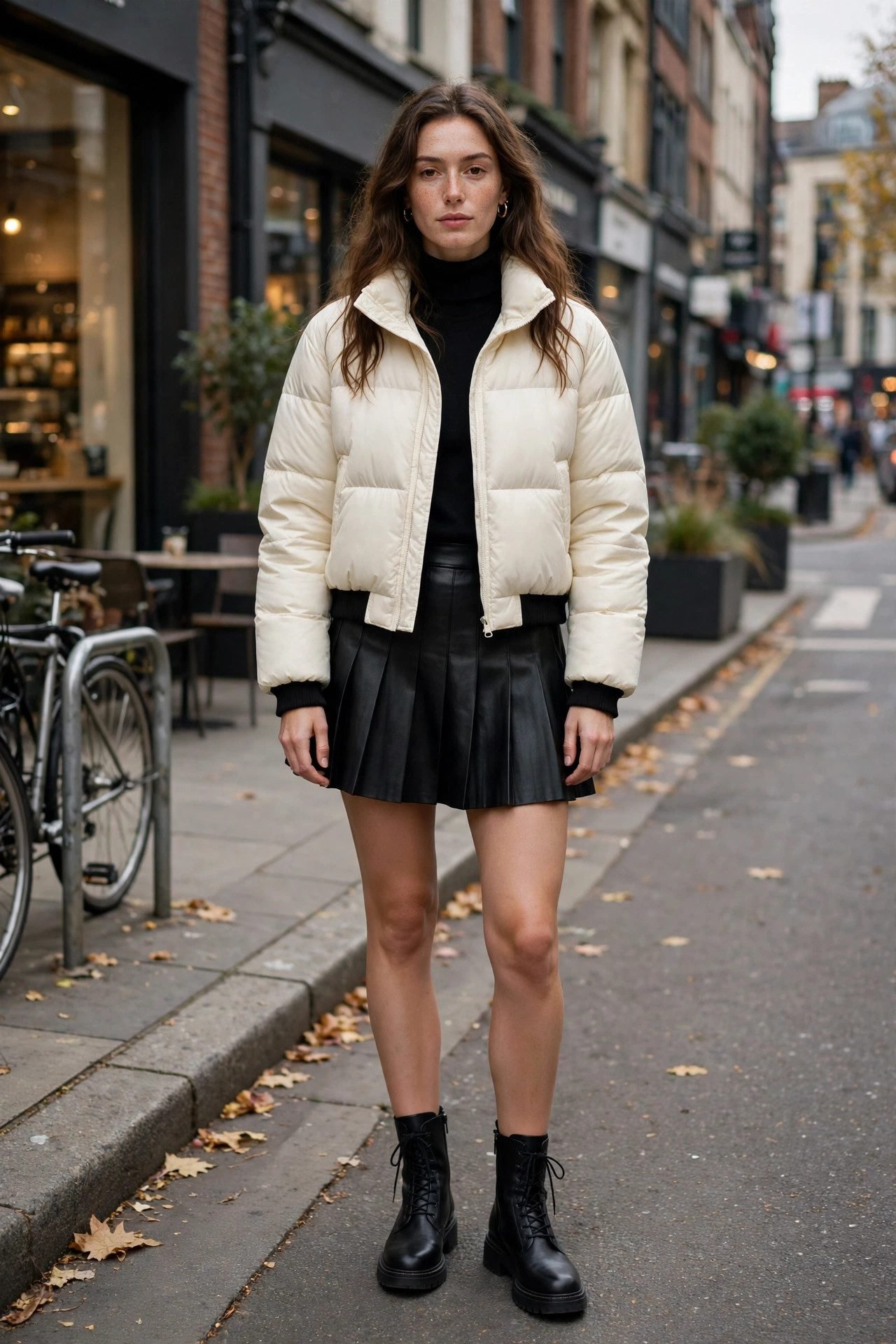 Puffer jacket with mini skirt outfit