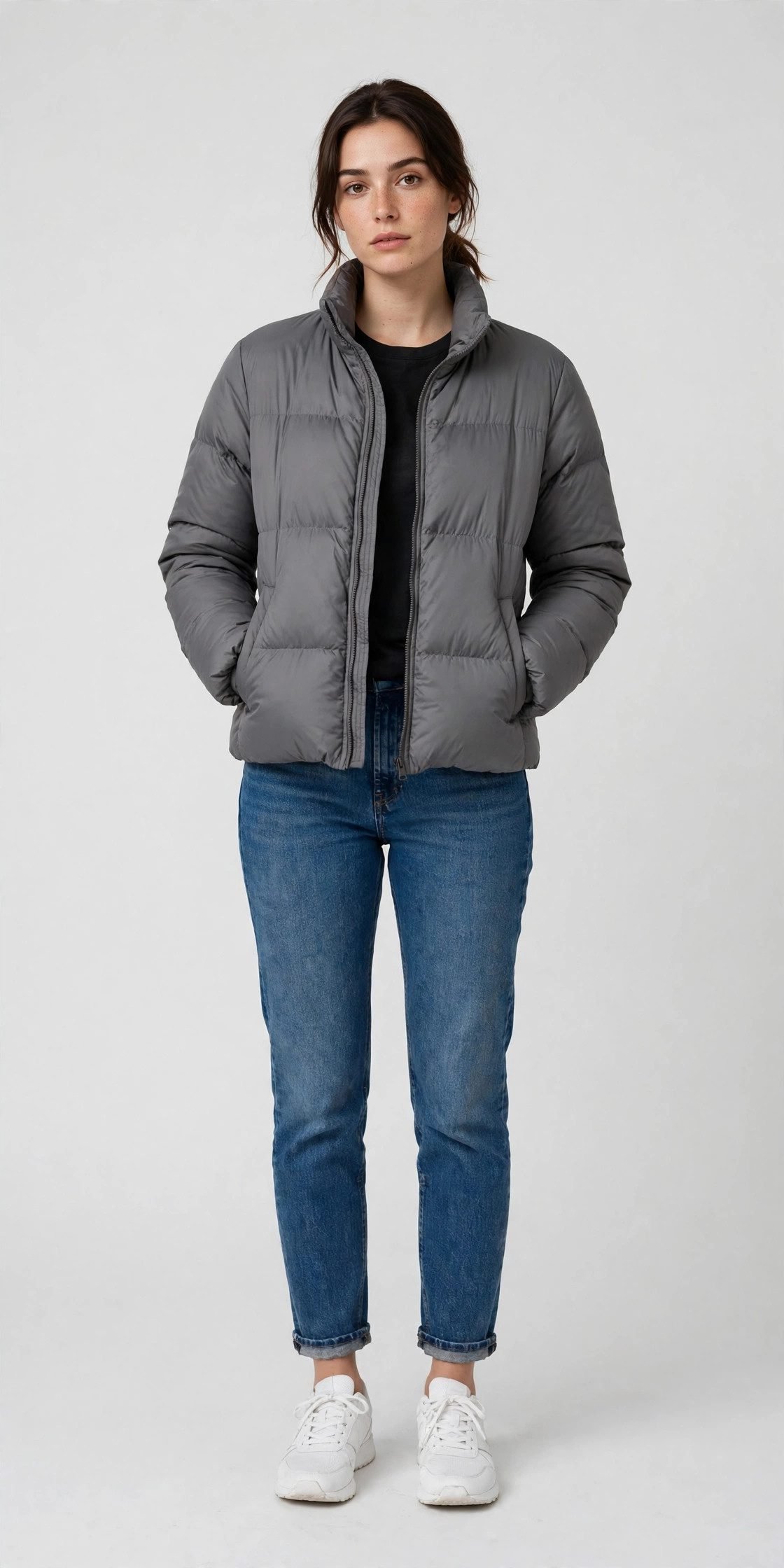 Puffer jacket with classic denim outfit