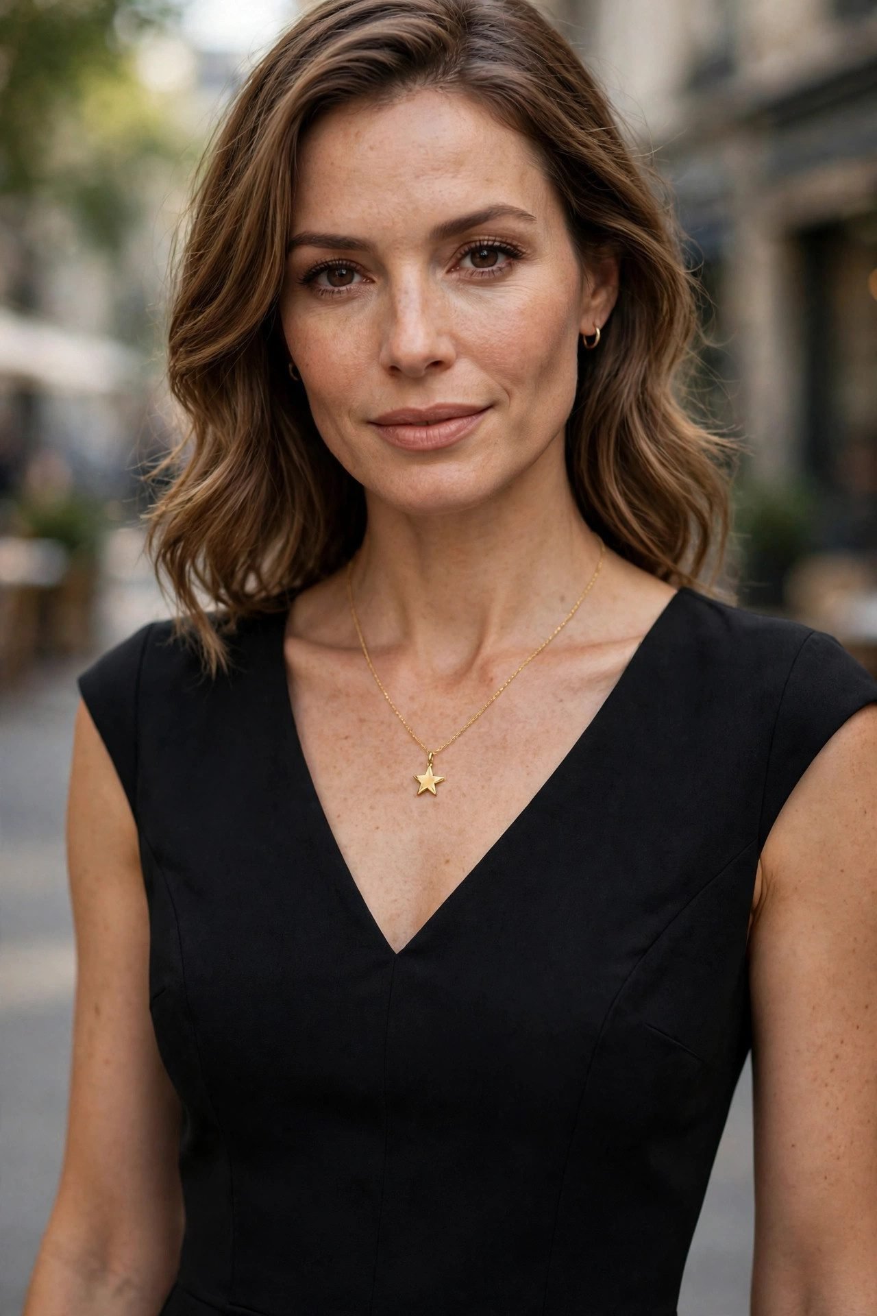 Woman wearing a little black dress with a delicate gold star necklace