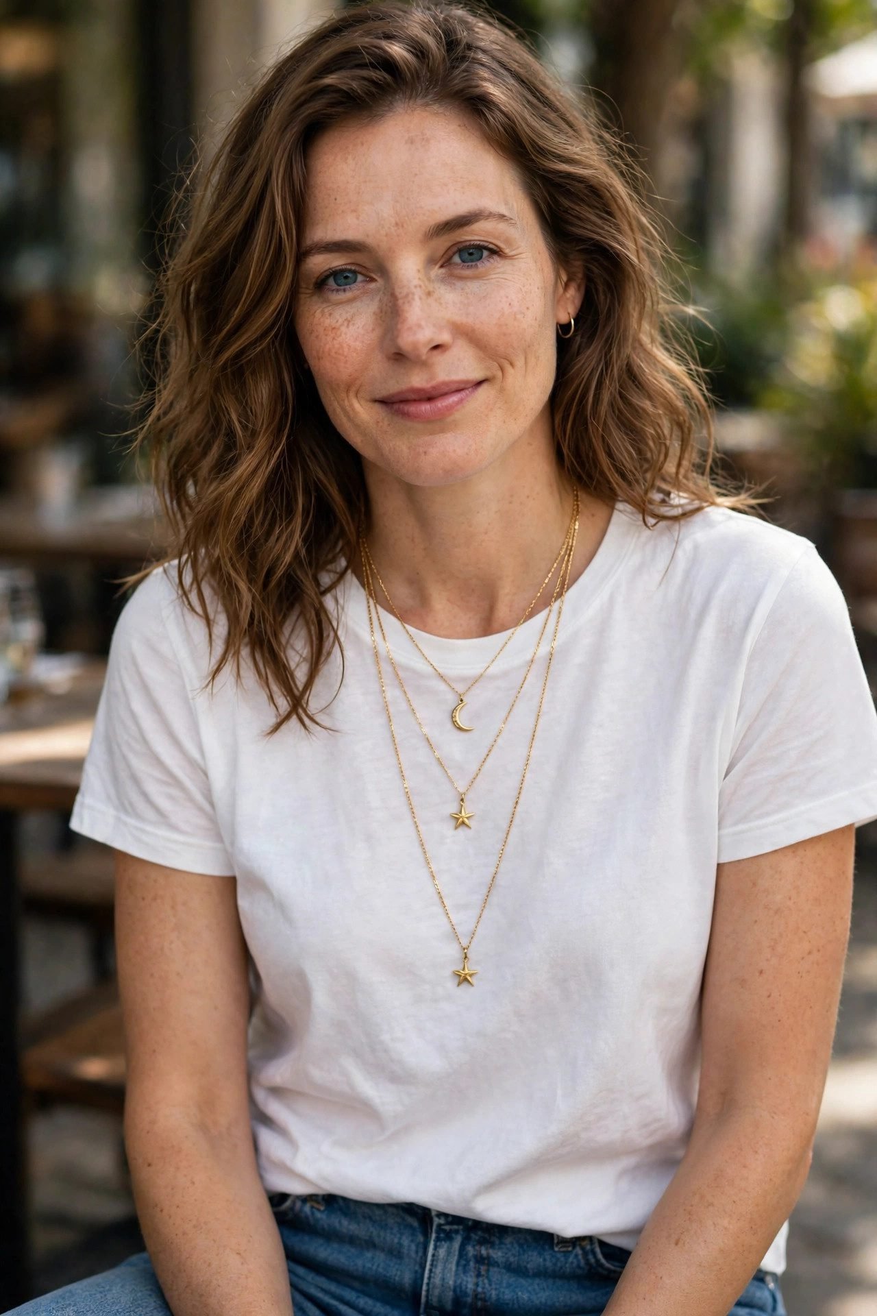 Woman wearing a white tee and jeans with layered gold celestial necklaces