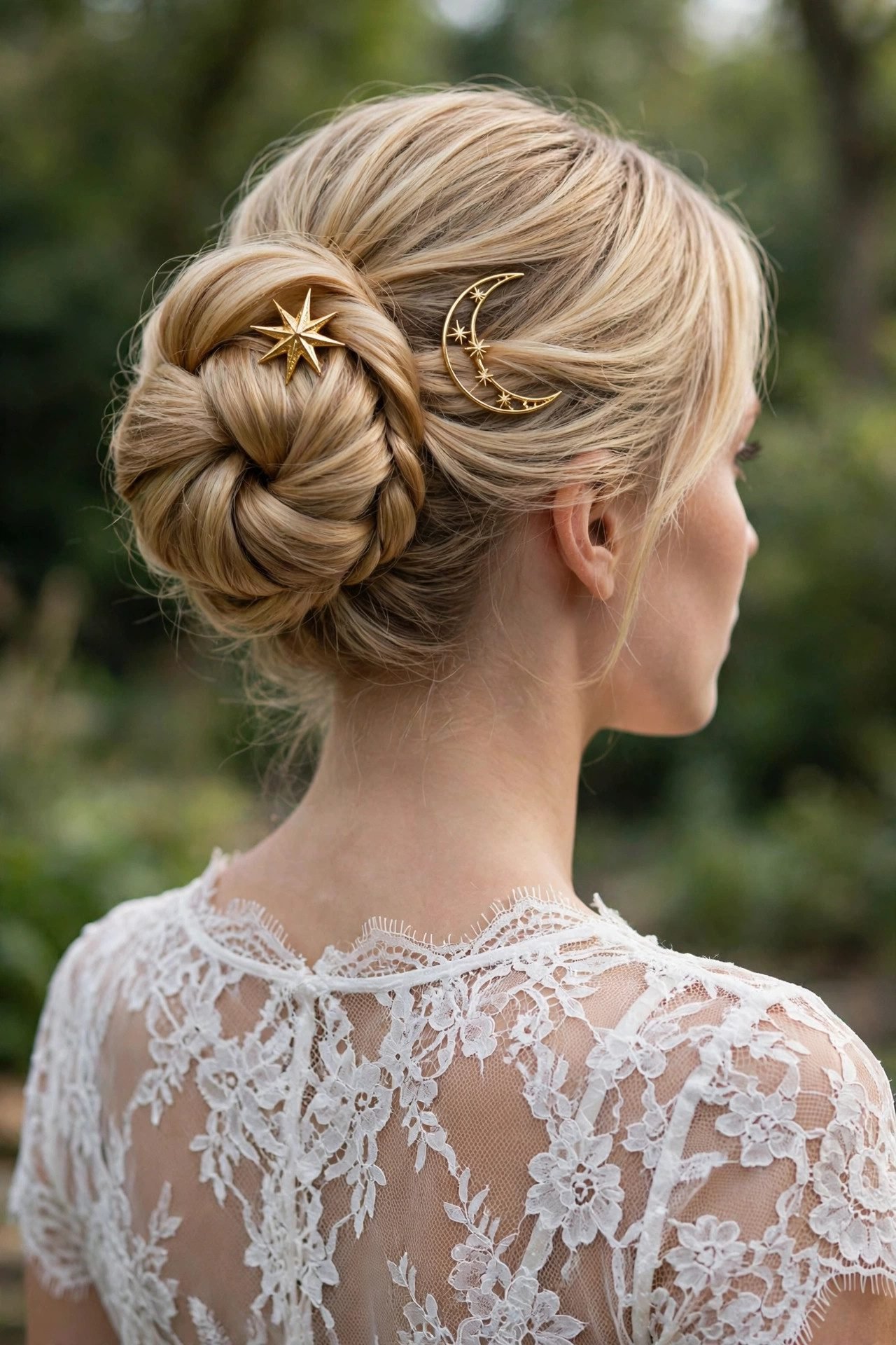 Woman wearing a lace top with celestial hair pins in an updo