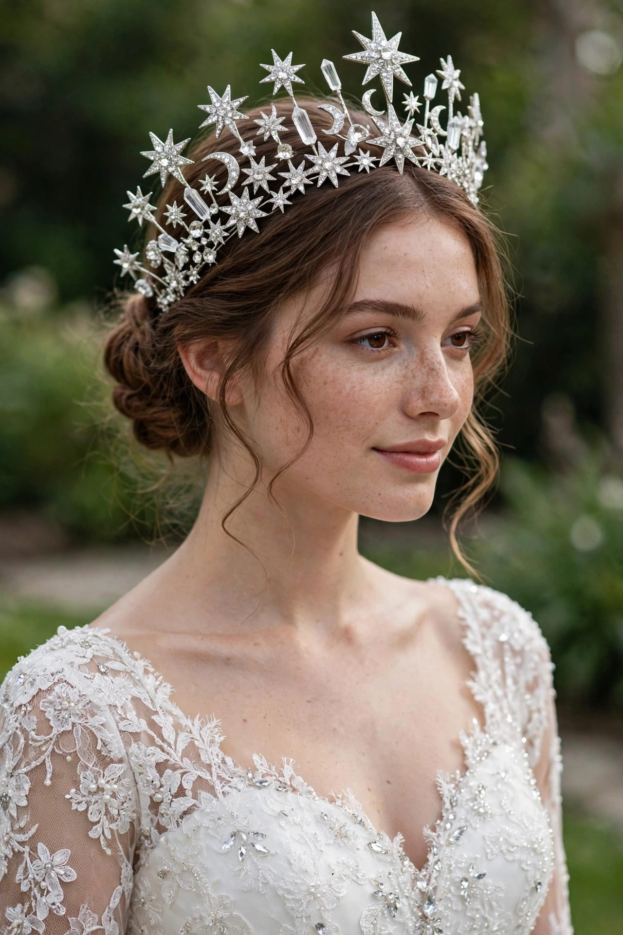 Woman wearing a white bridal dress with a celestial star tiara