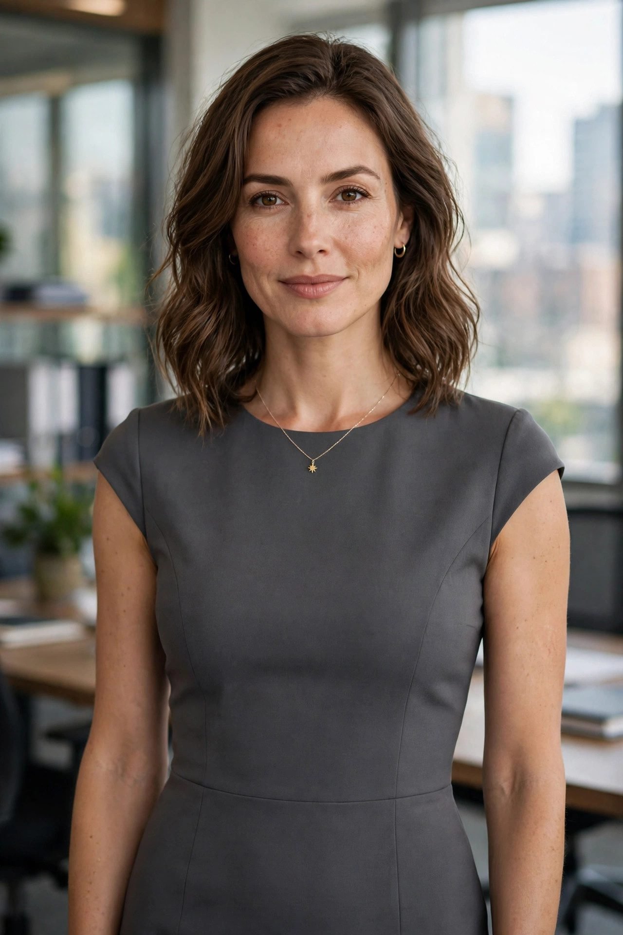 Woman wearing a grey sheath dress with a delicate star necklace for work