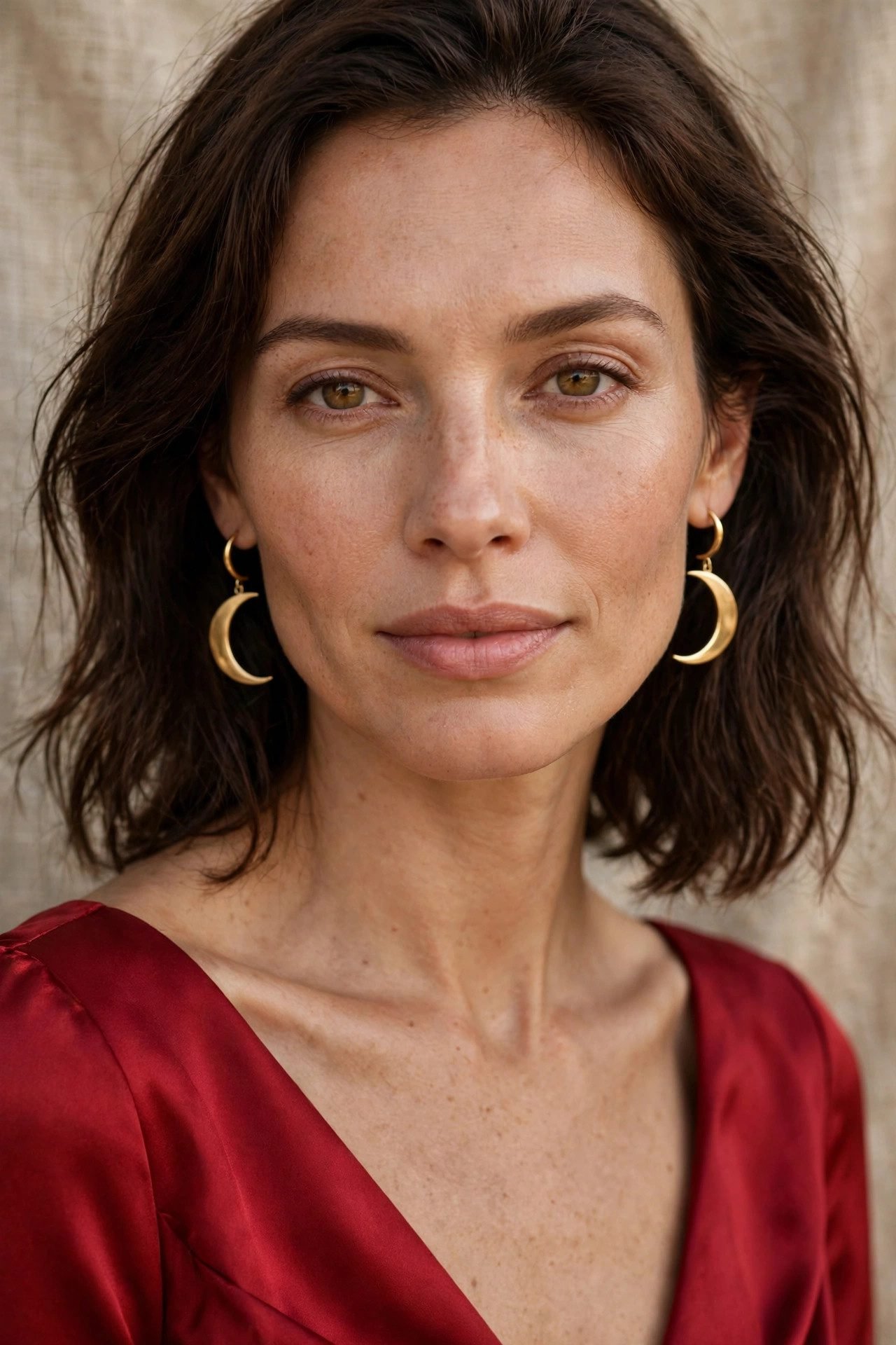 Woman wearing a red dress with gold crescent moon earrings for date night