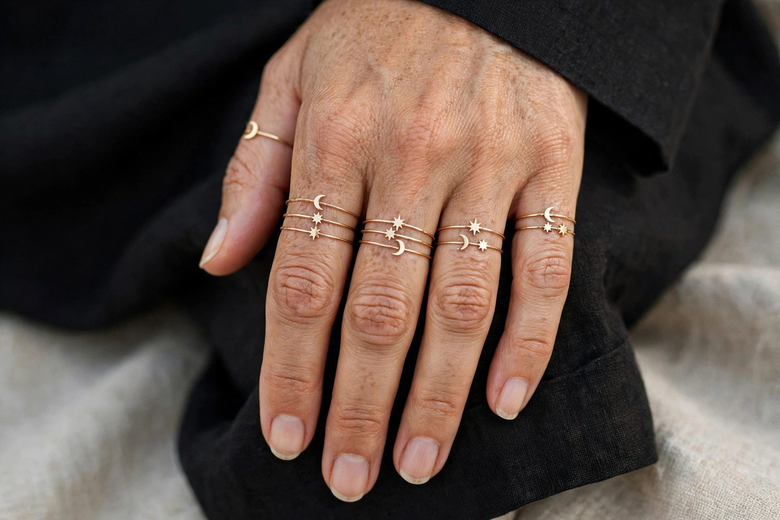 Woman wearing a minimalist black outfit with stacked celestial rings