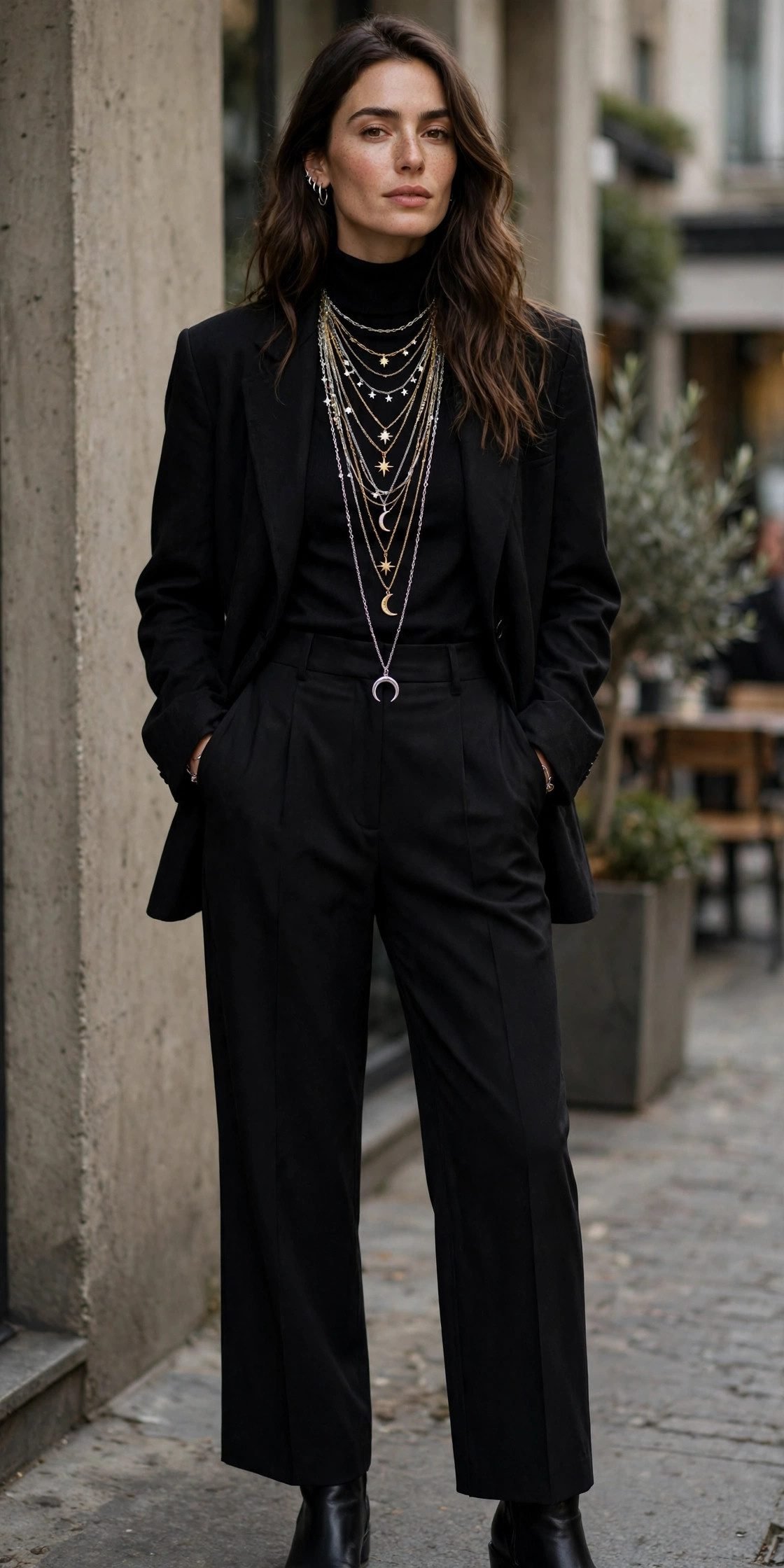 Woman wearing an all-black outfit with layered mixed-metal celestial necklaces