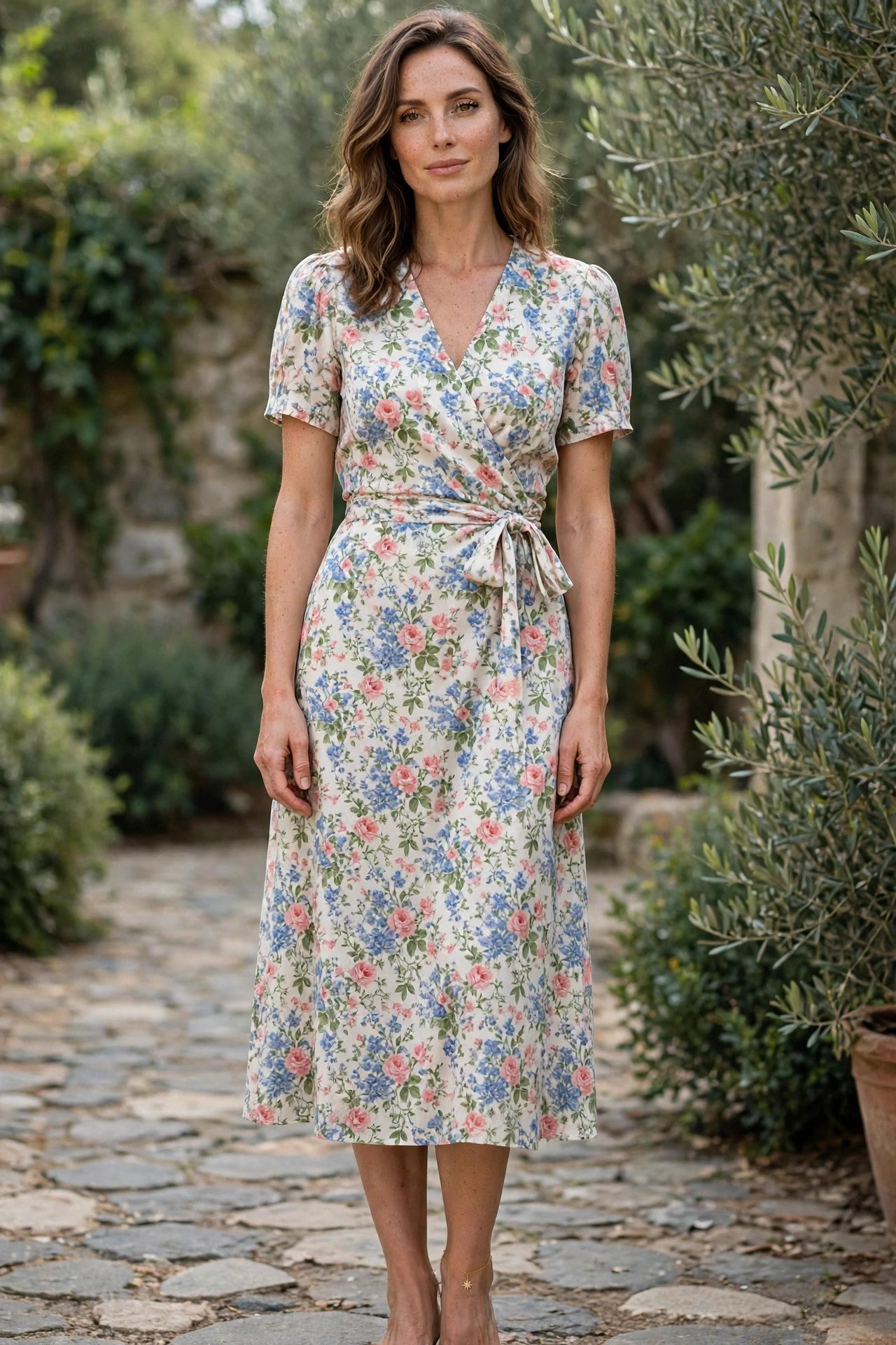 Woman wearing a midi dress with a delicate celestial anklet