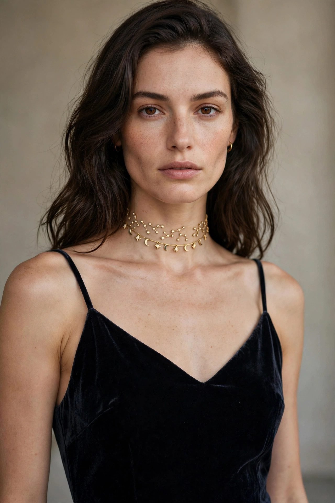 Woman wearing a velvet slip dress with a constellation choker