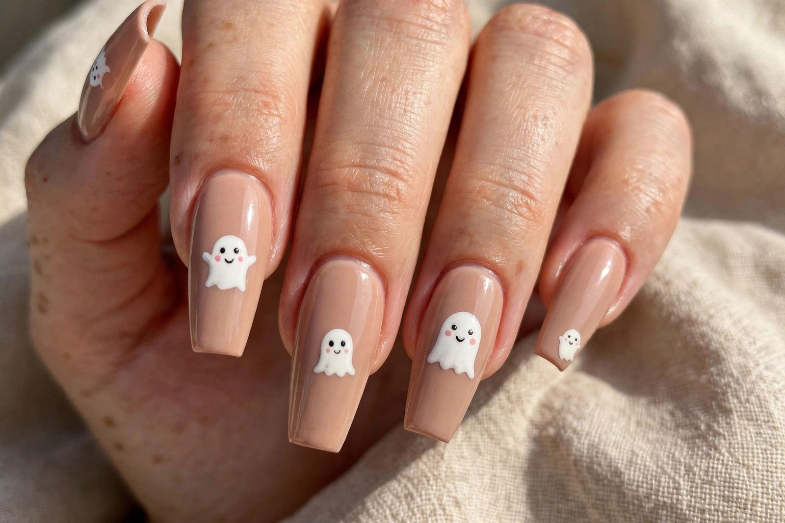 Nude coffin nails with cute white ghost face nail art