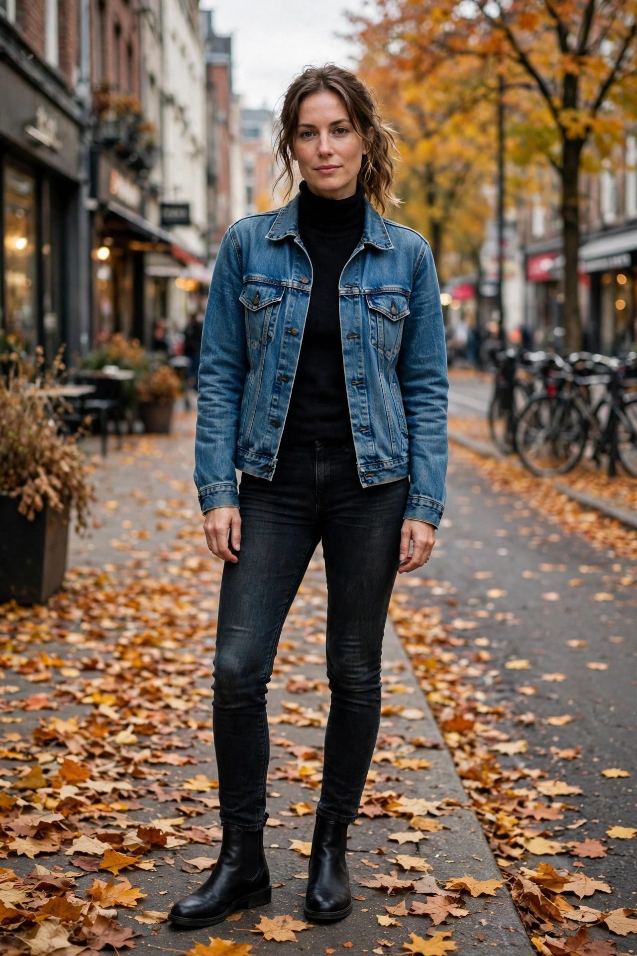 Woman wearing classic blue denim jacket over black turtleneck with jeans