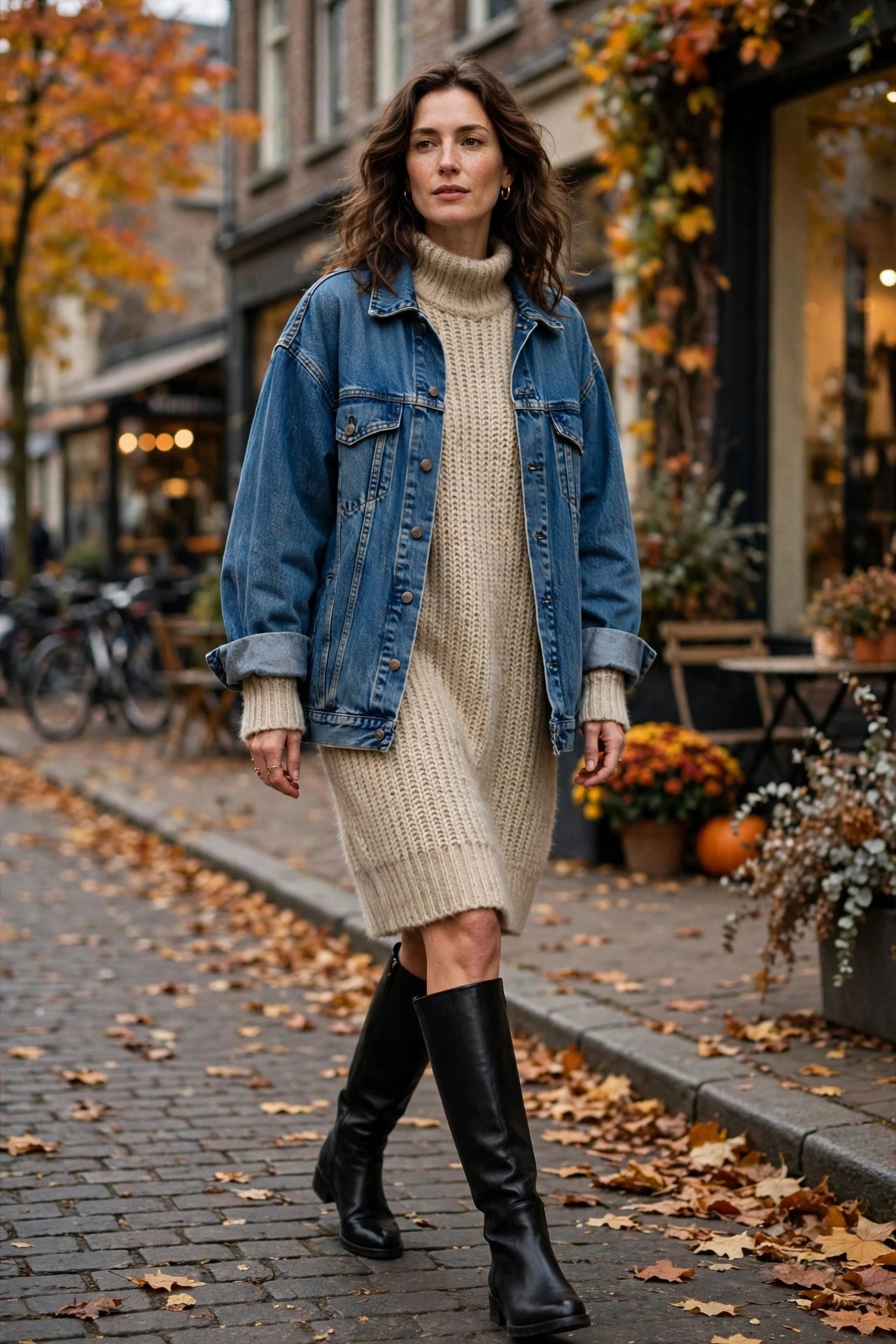 Woman in oversized denim jacket with sweater dress and knee-high boots