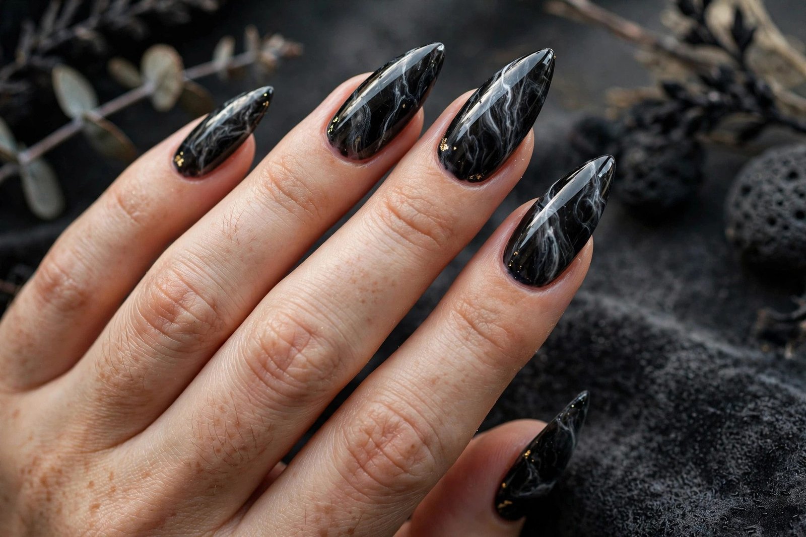 Black marble halloween press on nails
