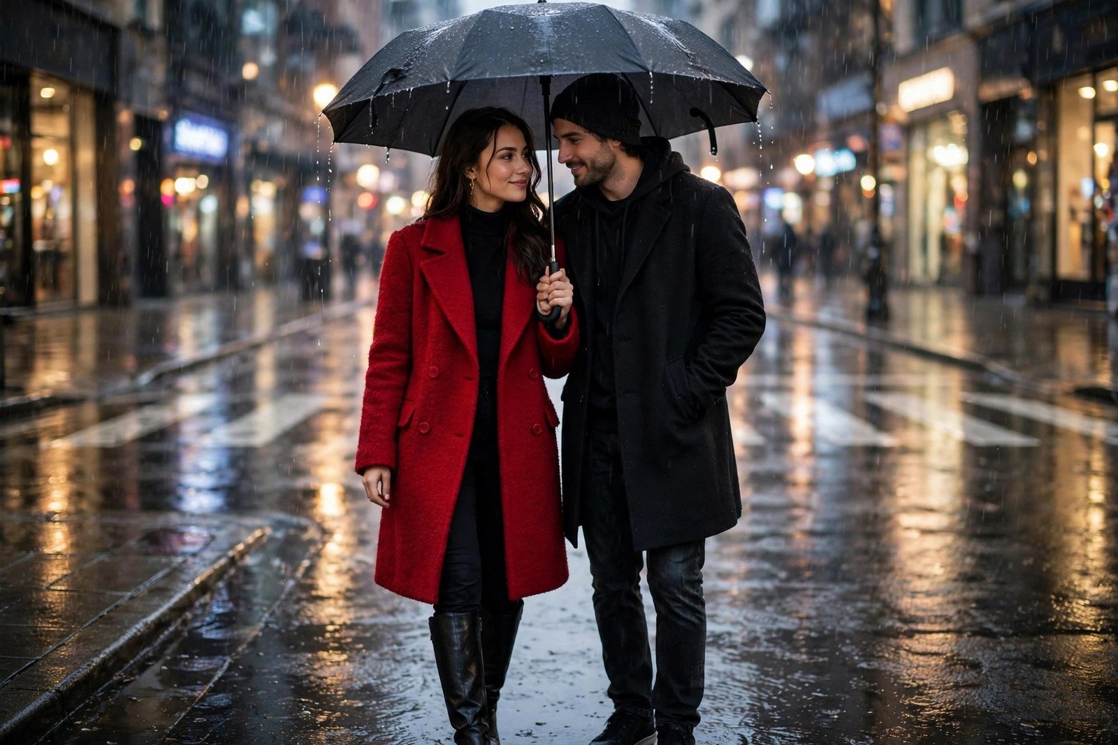 Couple sharing umbrella woman in red coat on romantic rainy date
