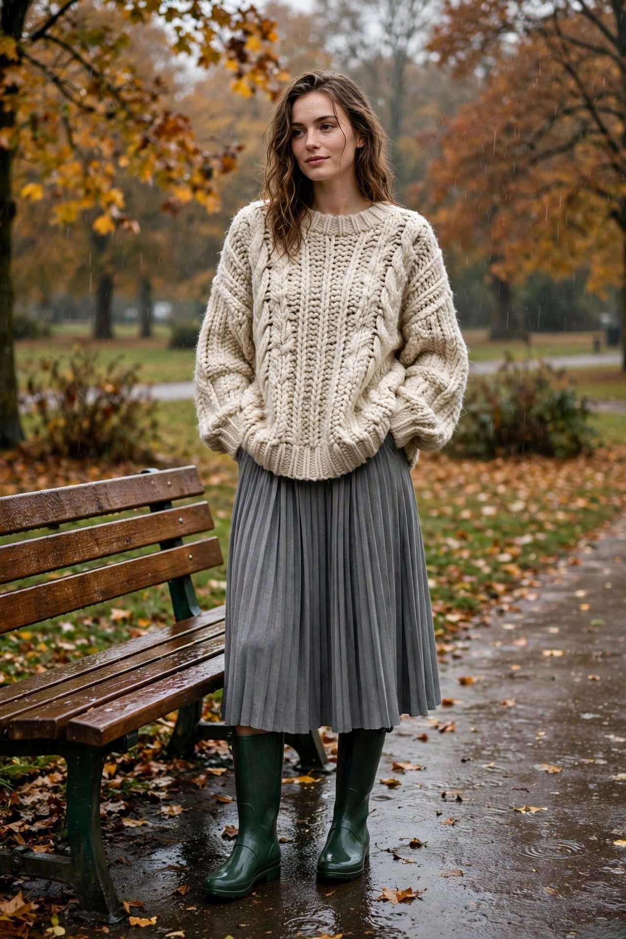 Woman in cozy oversized sweater and pleated skirt with boots