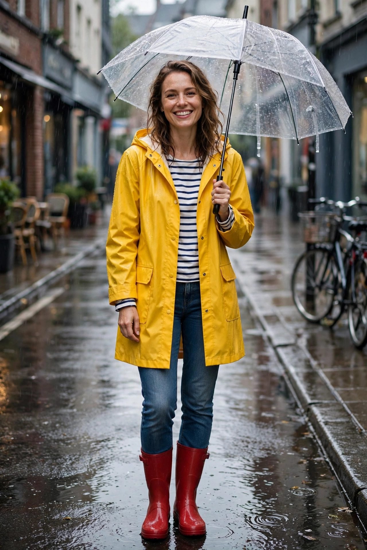 Woman in yellow raincoat and jeans with rain boots smiling