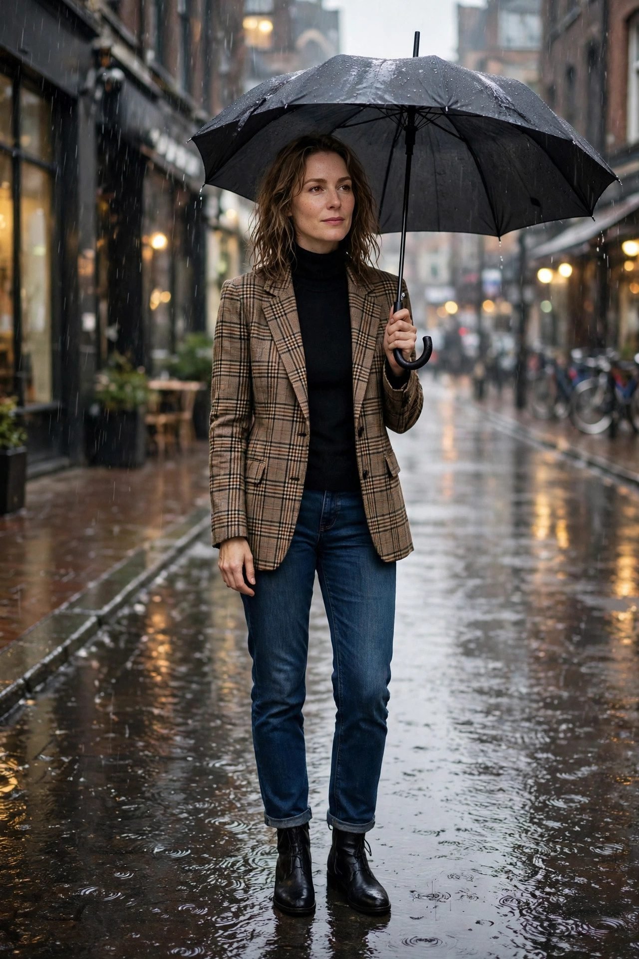 Woman in plaid blazer jeans and loafers with umbrella on date
