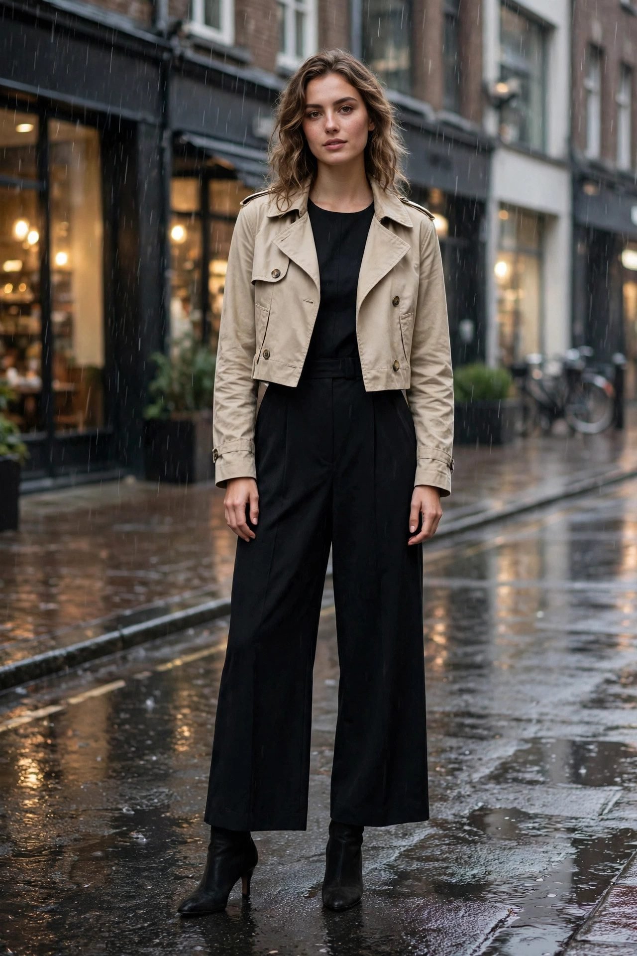 Woman in black jumpsuit with trench coat and heels in rain