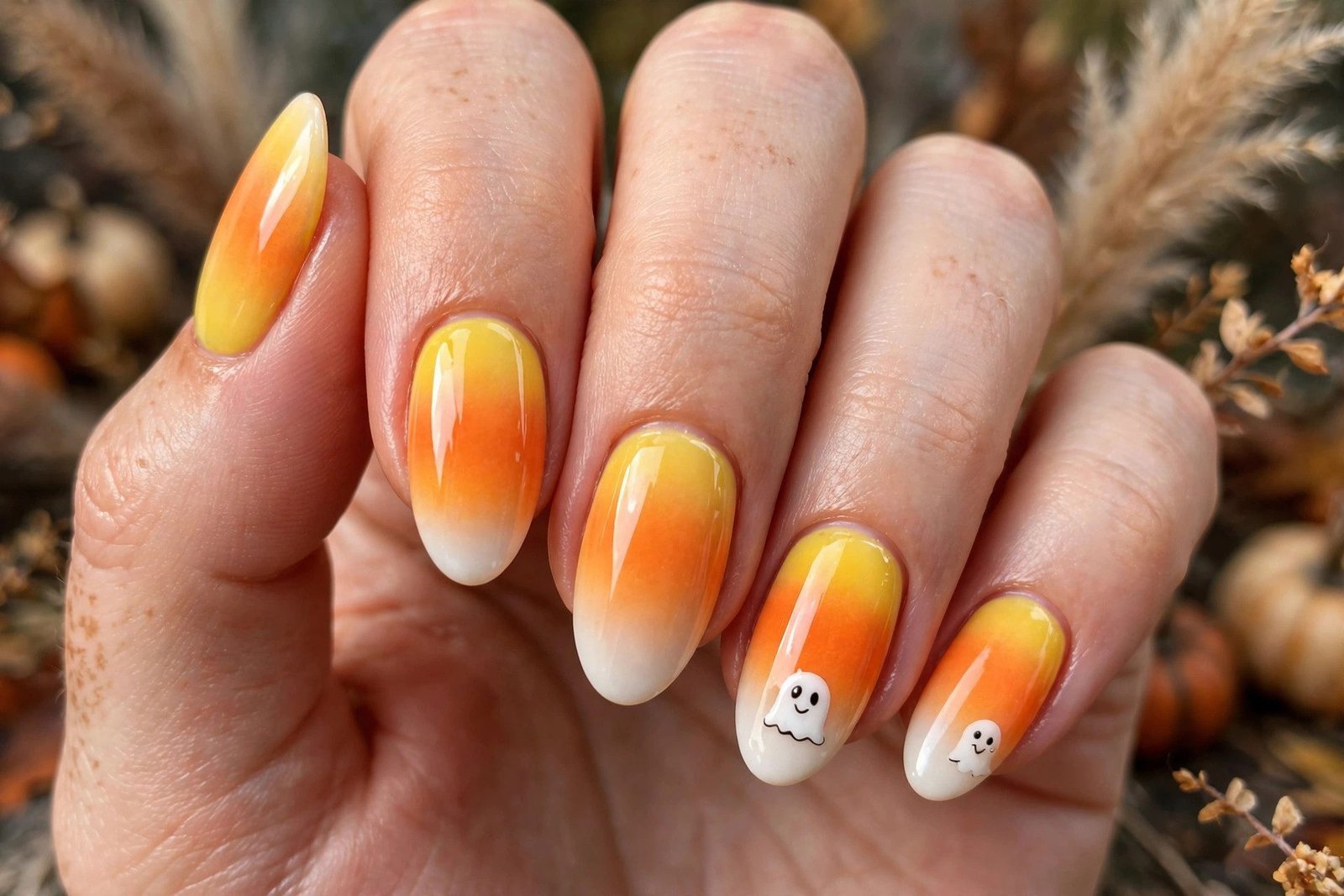 Candy corn and ghost nail art design