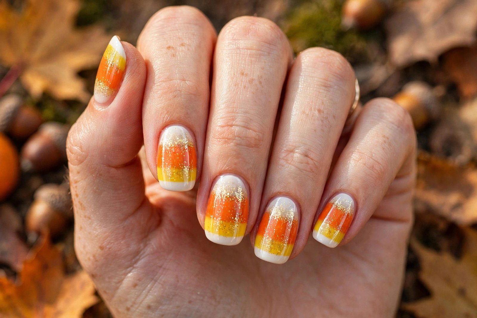 Glitter candy corn nails