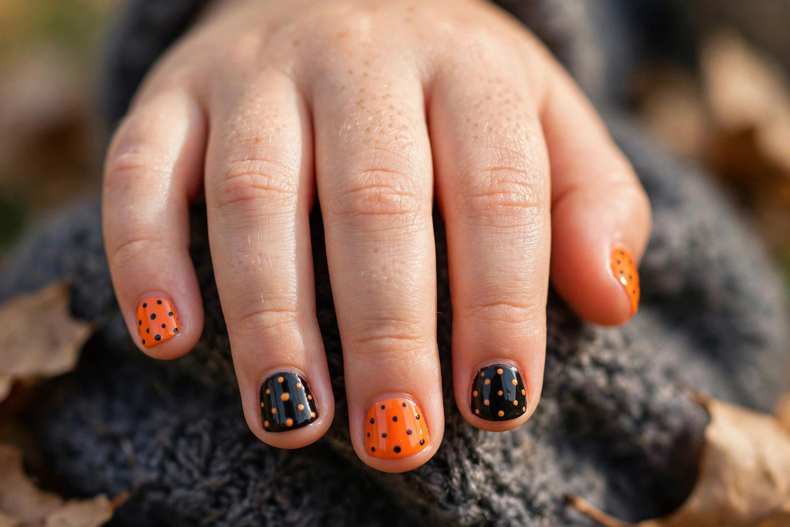 Orange and black polka dot halloween nails for kids