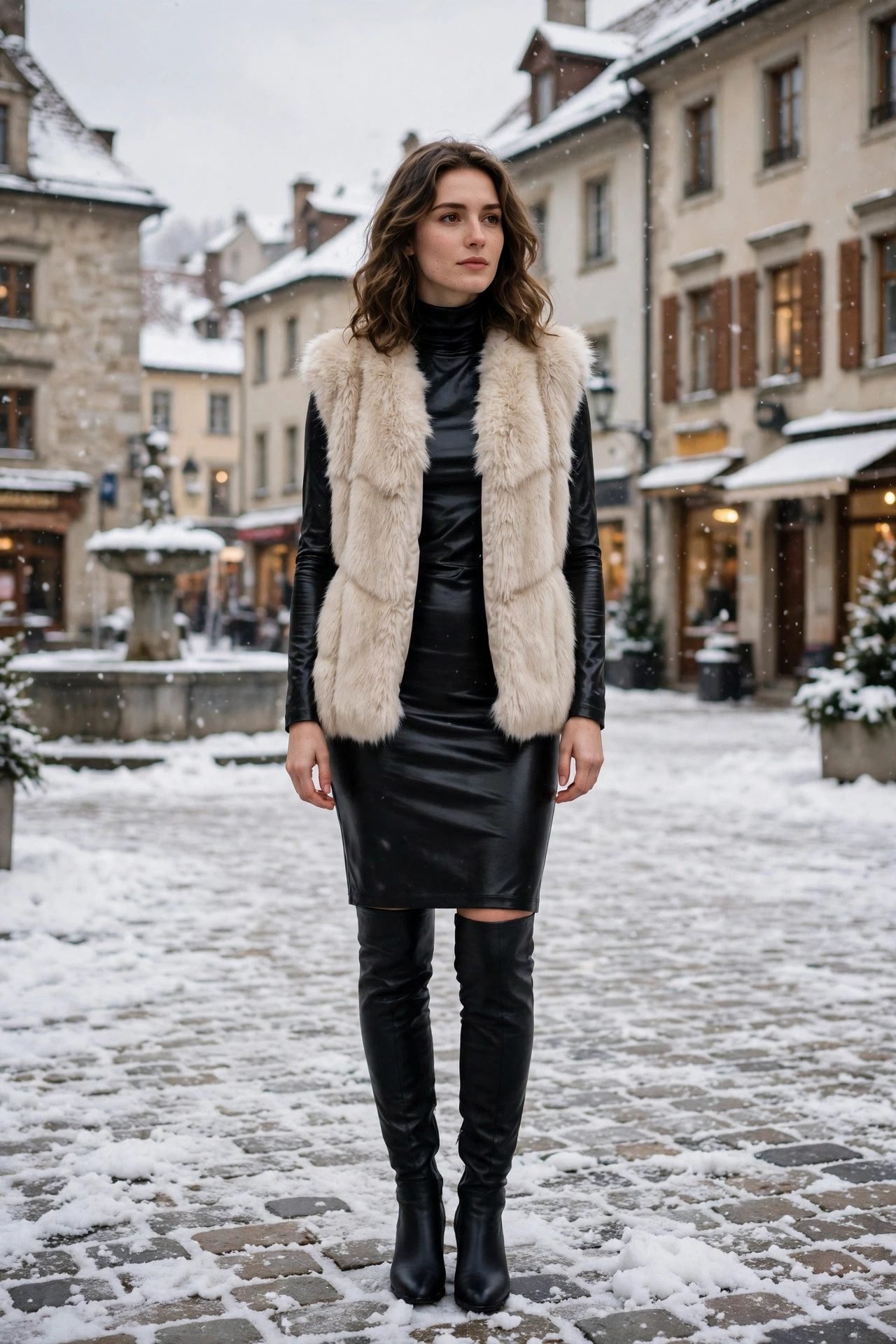 Woman in faux fur vest over waterproof turtleneck dress