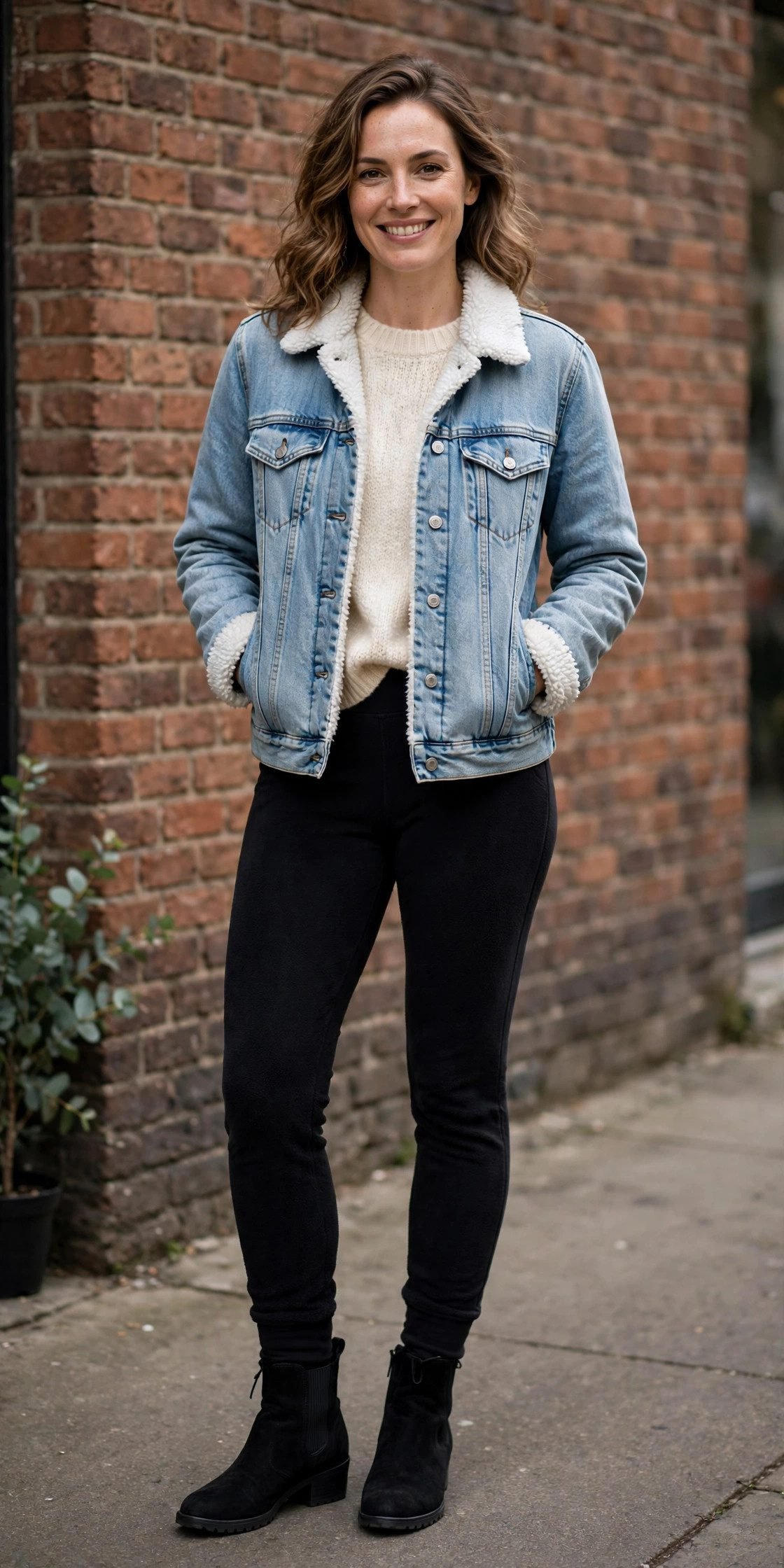 Woman in fleece lined denim jacket with waterproof leggings