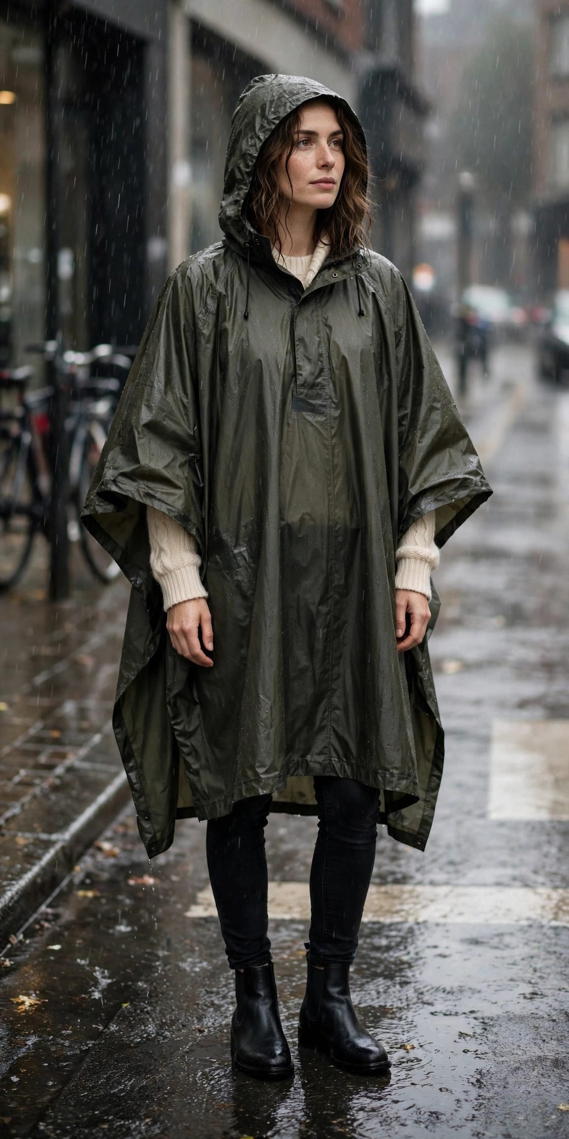 Woman in cape rain poncho over sweater and jeans stylish rain