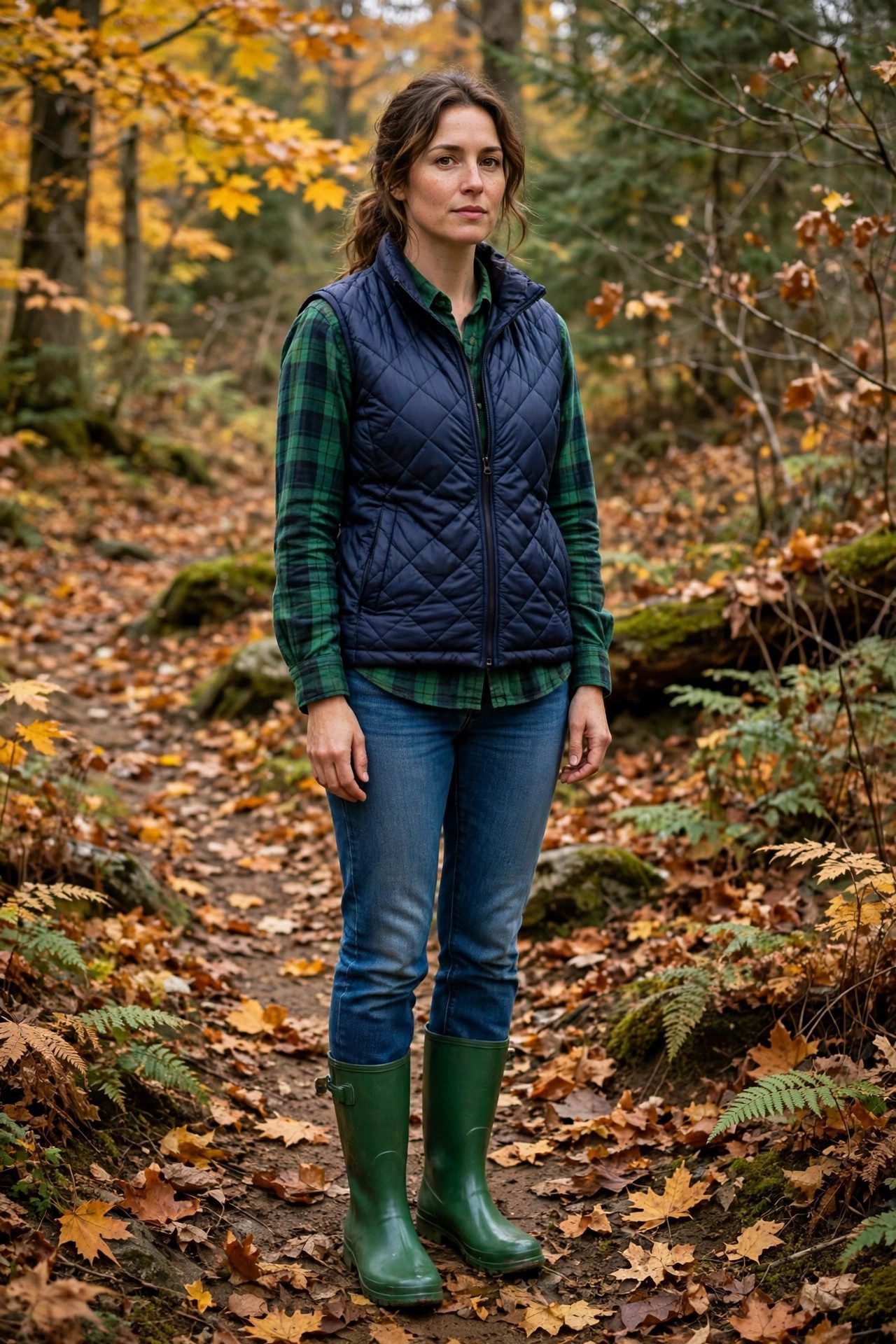 Woman in puffer vest layered over flannel with rain boots