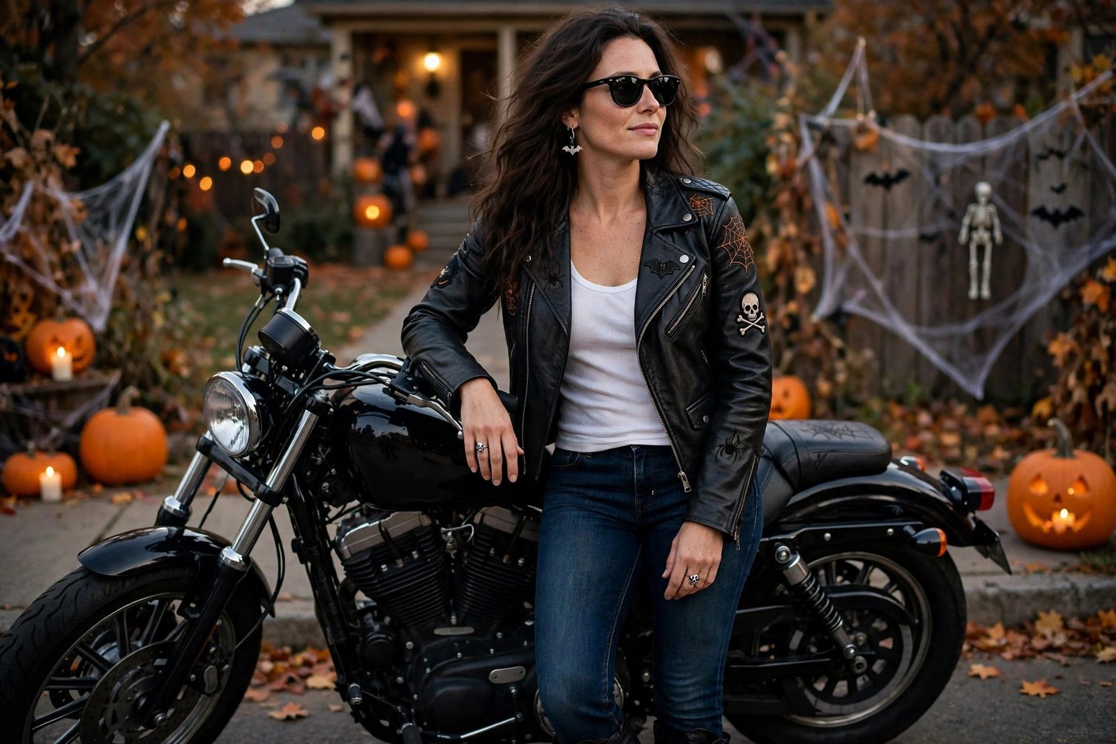 Woman in biker babe costume with jeans leather jacket and boots