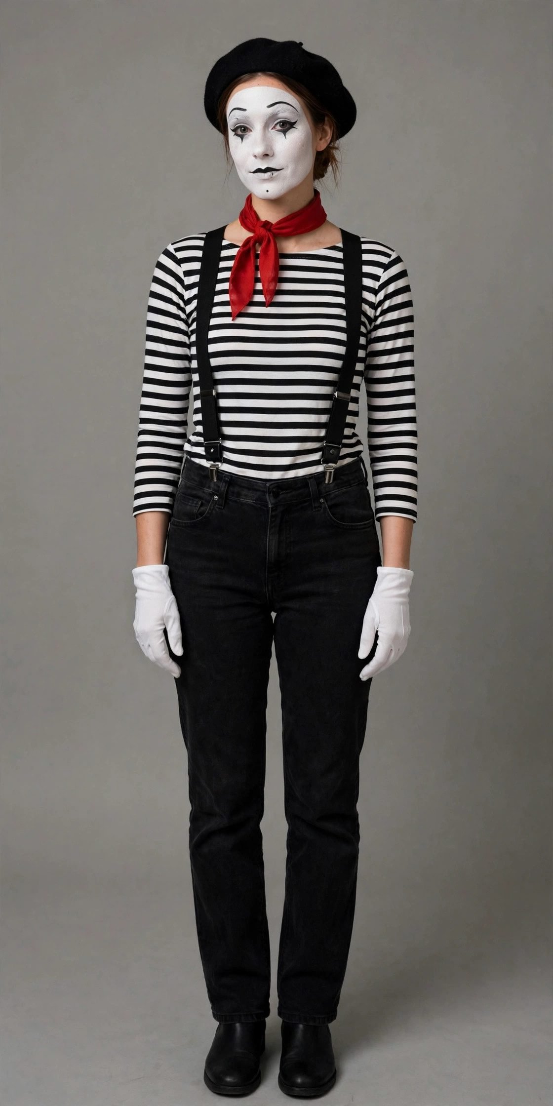 Woman in mime costume with black jeans striped top and beret