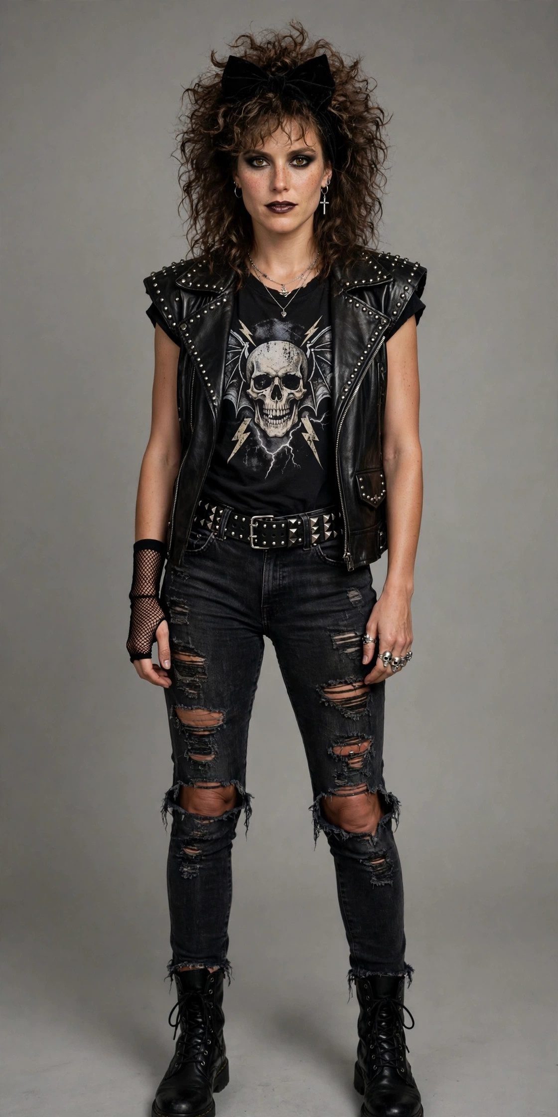 Woman in 80s rocker costume with ripped jeans and leather jacket