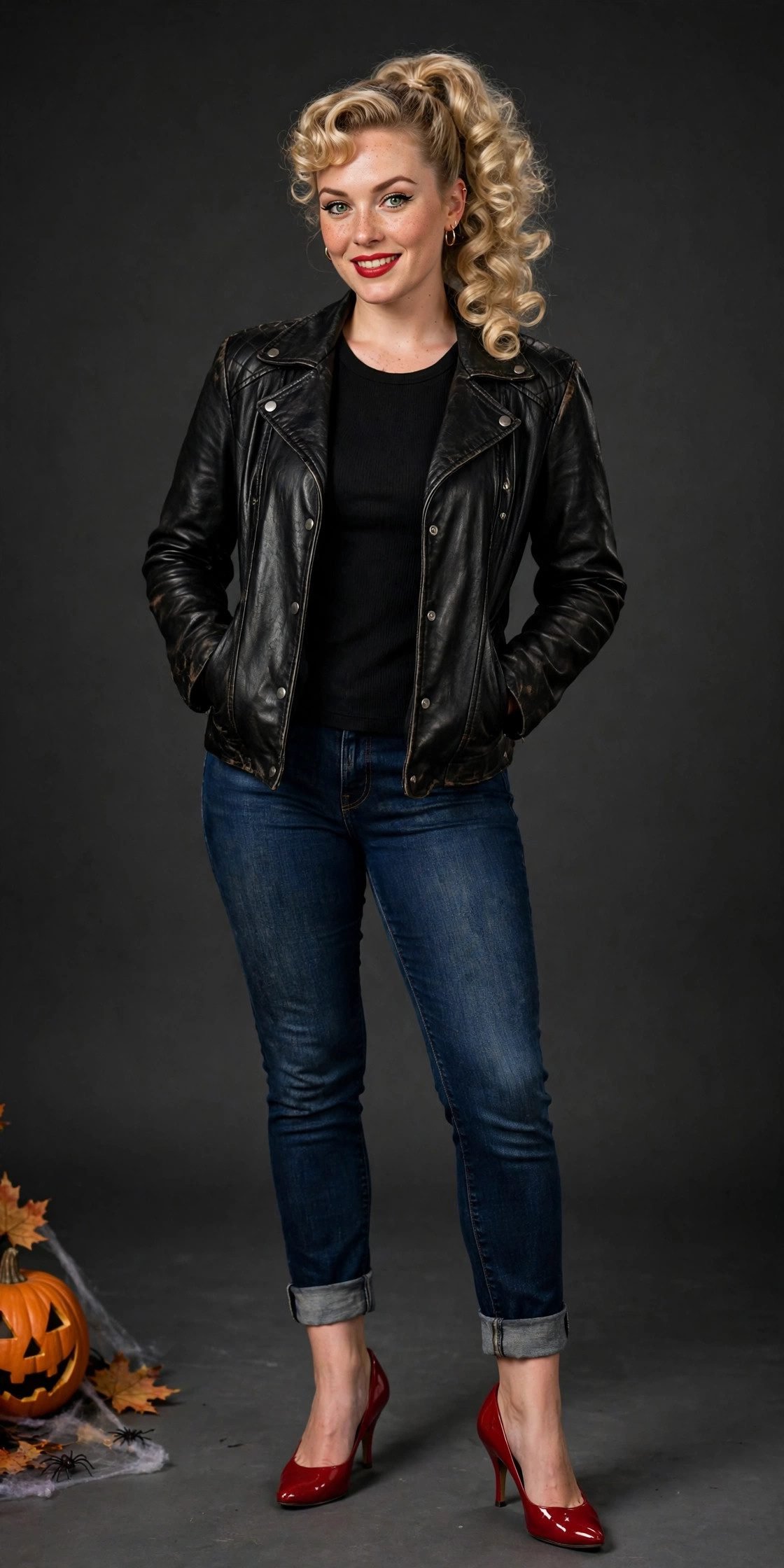 Woman in 50s greaser girl costume with jeans and leather jacket
