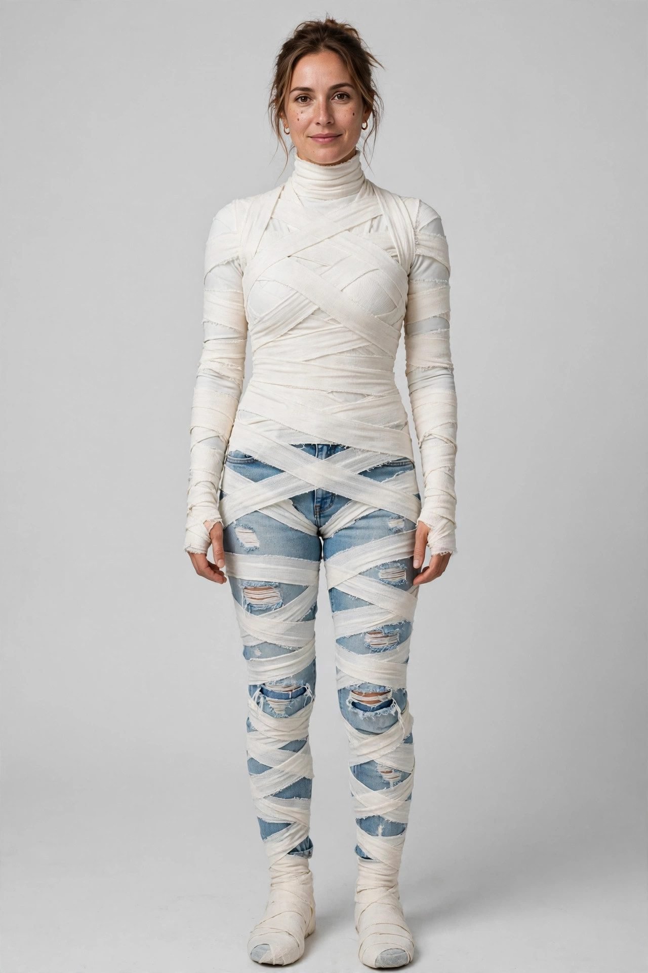 Woman in mummy costume with jeans and wrapped bandage top