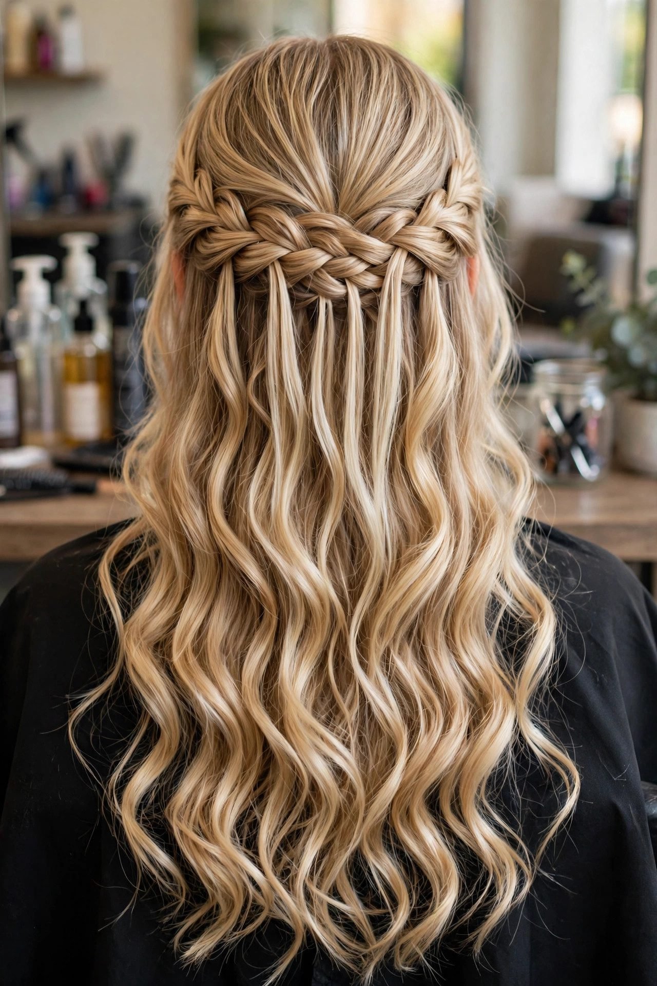 Waterfall braid half up half down hair