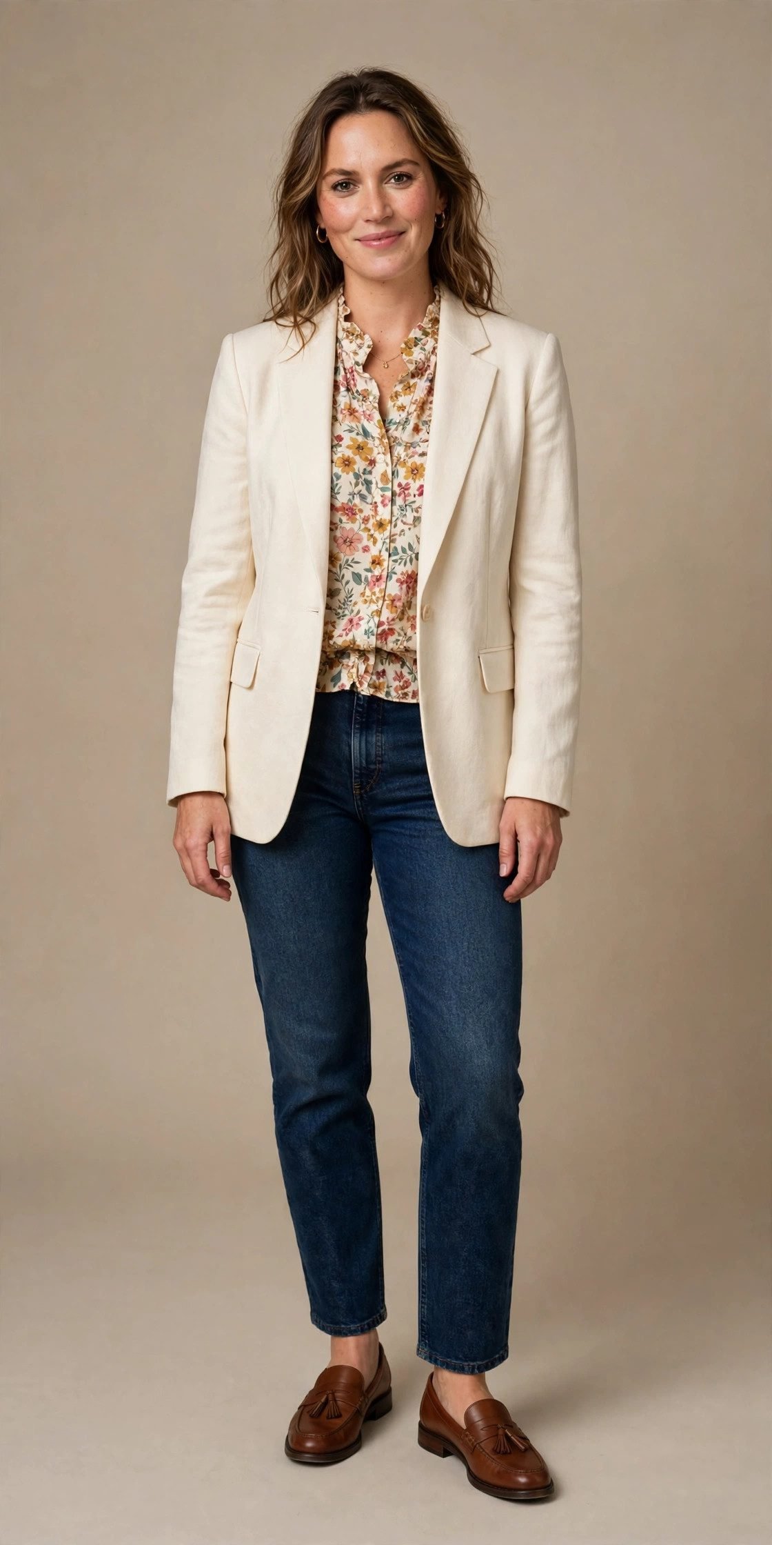 Woman wearing cream blazer with floral blouse and jeans