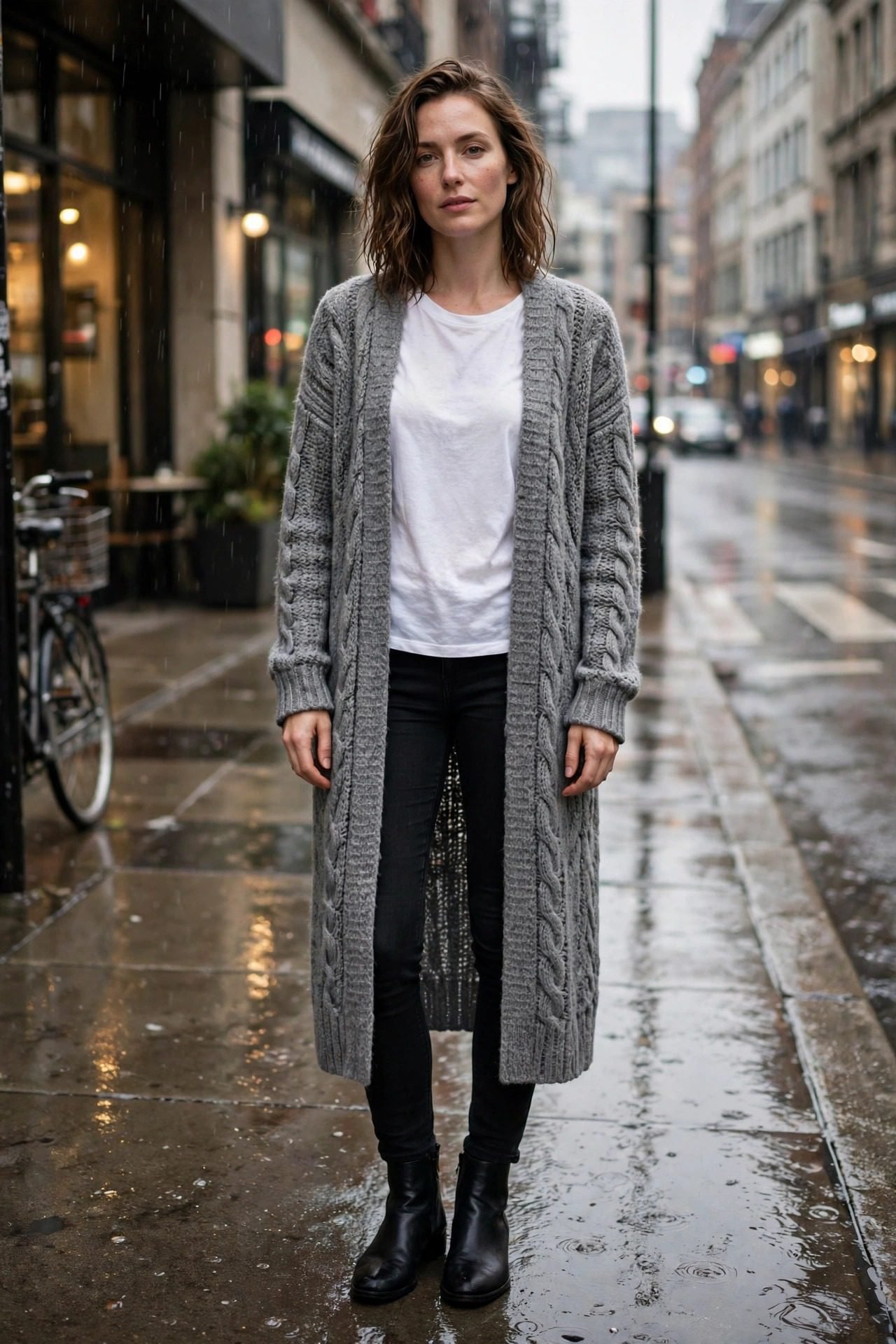 Woman in cardigan jeans and ballet flats with tote rainy day