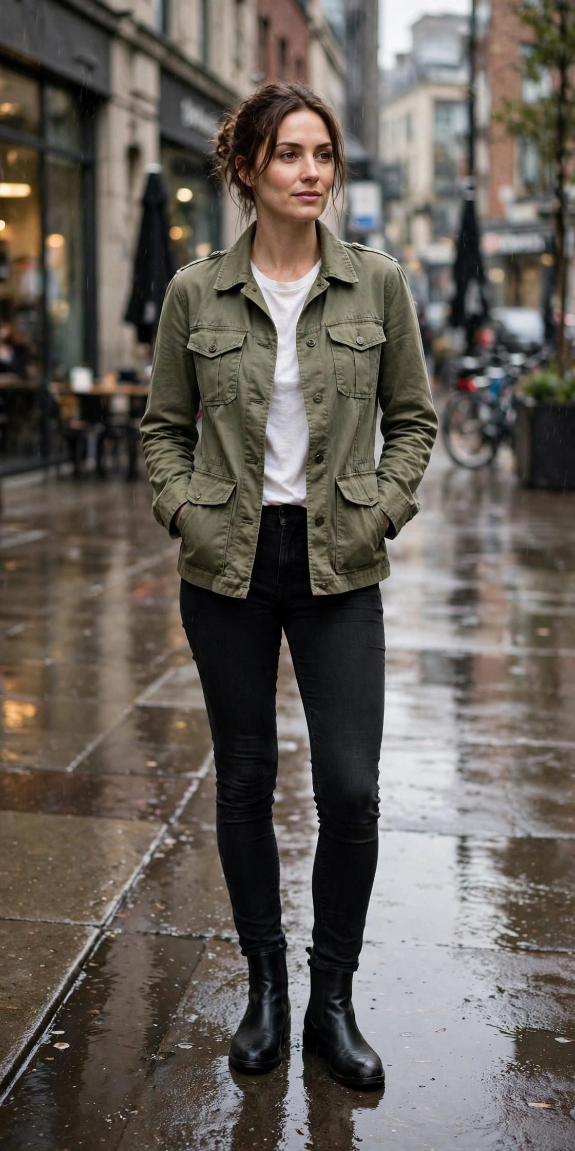 Woman in cropped utility jacket jeans and combat boots rain